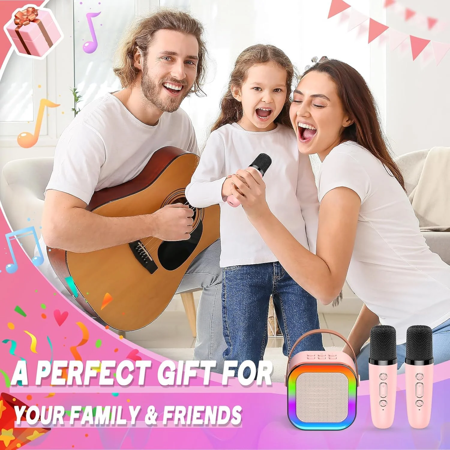 Mini Karaoke Machine for Kids Adults, Birthday Easter Gifts Toys for Girls Boys Friends Age 3-12+, Portable Bluetooth Speaker with 2 Wireless Mics and LED Light for Family Home Party(Black) Black - Image 7