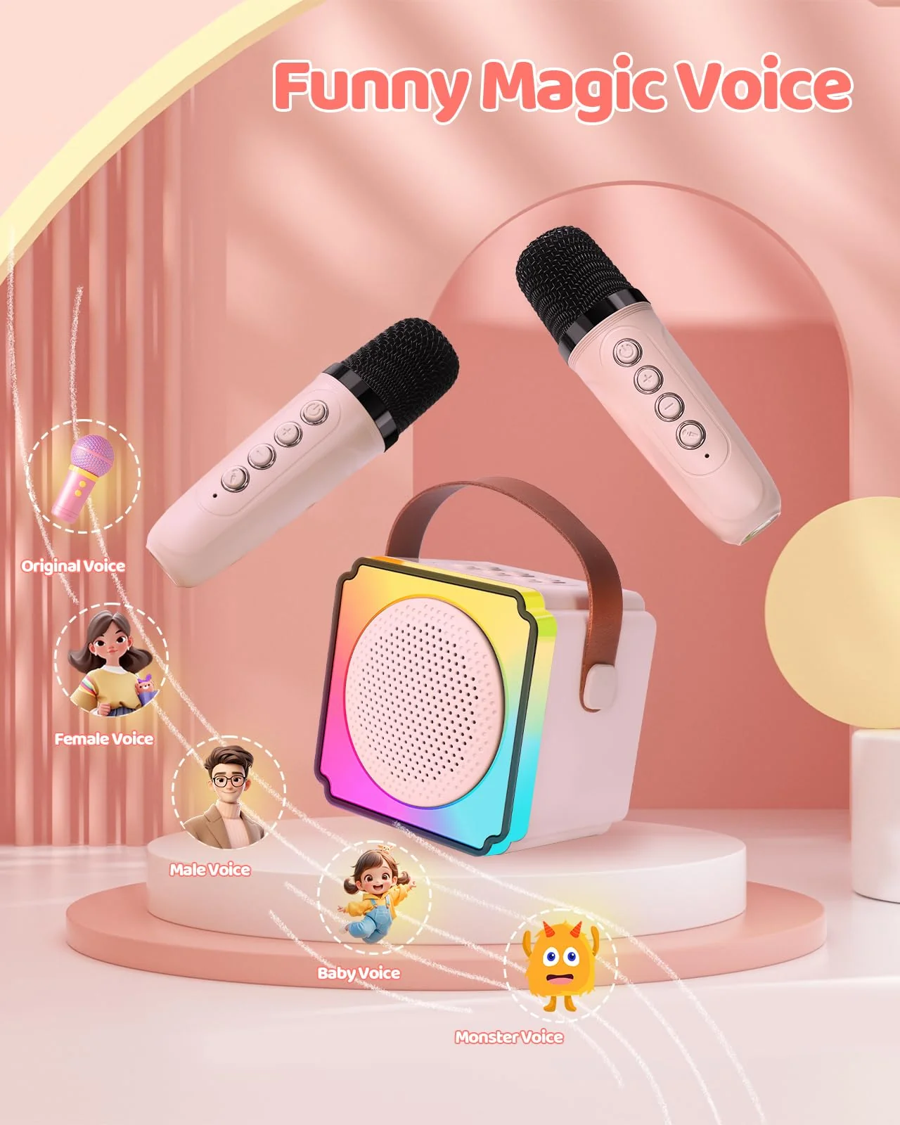Mini Karaoke Machine for Kids Adults, LumoShine Portable Bluetooth Speaker with 2 Wireless Microphone and Lights, Gifts for Boys Girls Pink - Image 5