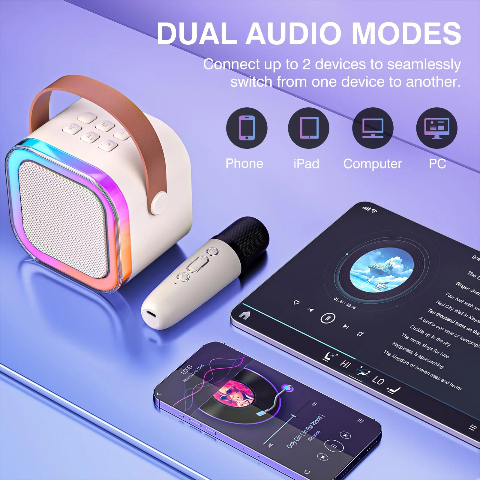 Mini Karaoke Machine for Kids Adults, Portable Bluetooth Karaoke Speaker with 2 Wireless Mics and LED Color Lights, Home Birthday Party for Girls/Boys Ages 3, 4, 5, 6, 7, 8, 9, 10,11, 12+ Year Old - Image 3