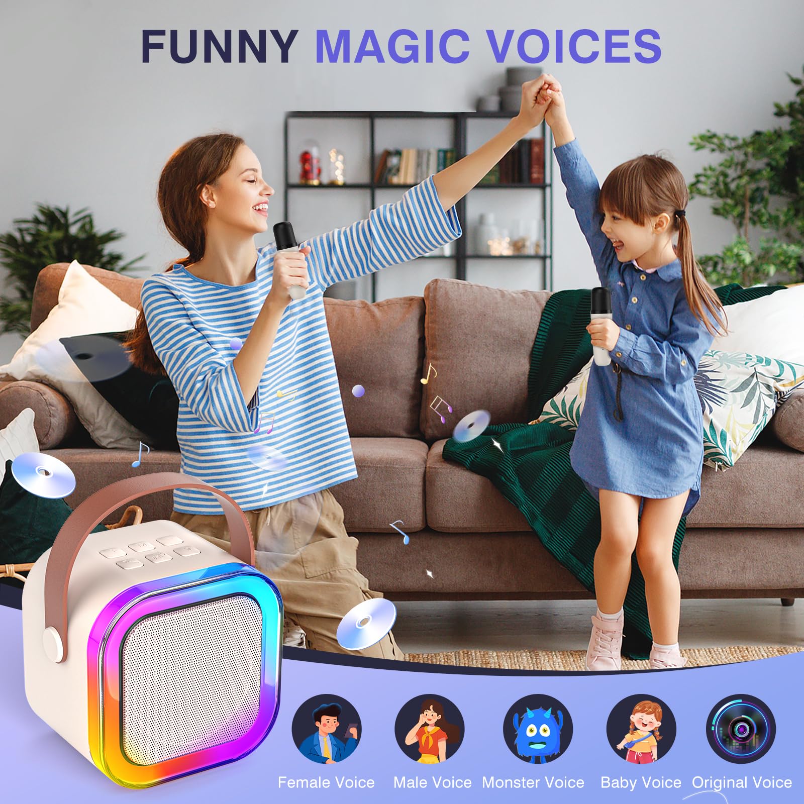 Mini Karaoke Machine for Kids Adults, Portable Bluetooth Karaoke Speaker with 2 Wireless Mics and LED Color Lights, Home Birthday Party for Girls/Boys Ages 3, 4, 5, 6, 7, 8, 9, 10,11, 12+ Year Old - Image 8