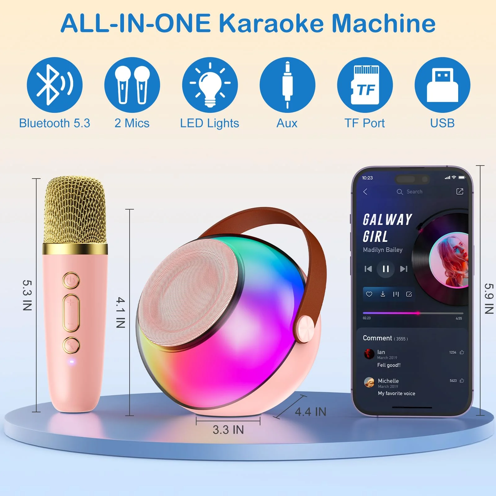Mini Karaoke Machine for Kids Adults, Portable Bluetooth Speaker with 2 Wireless Microphones, Karaoke Toys for Family Party, Birthday Gifts for Girls Ages 4, 5, 6, 7, 8, 9, 10, 12+ (Pink, 2 Mics) Pink - Image 3