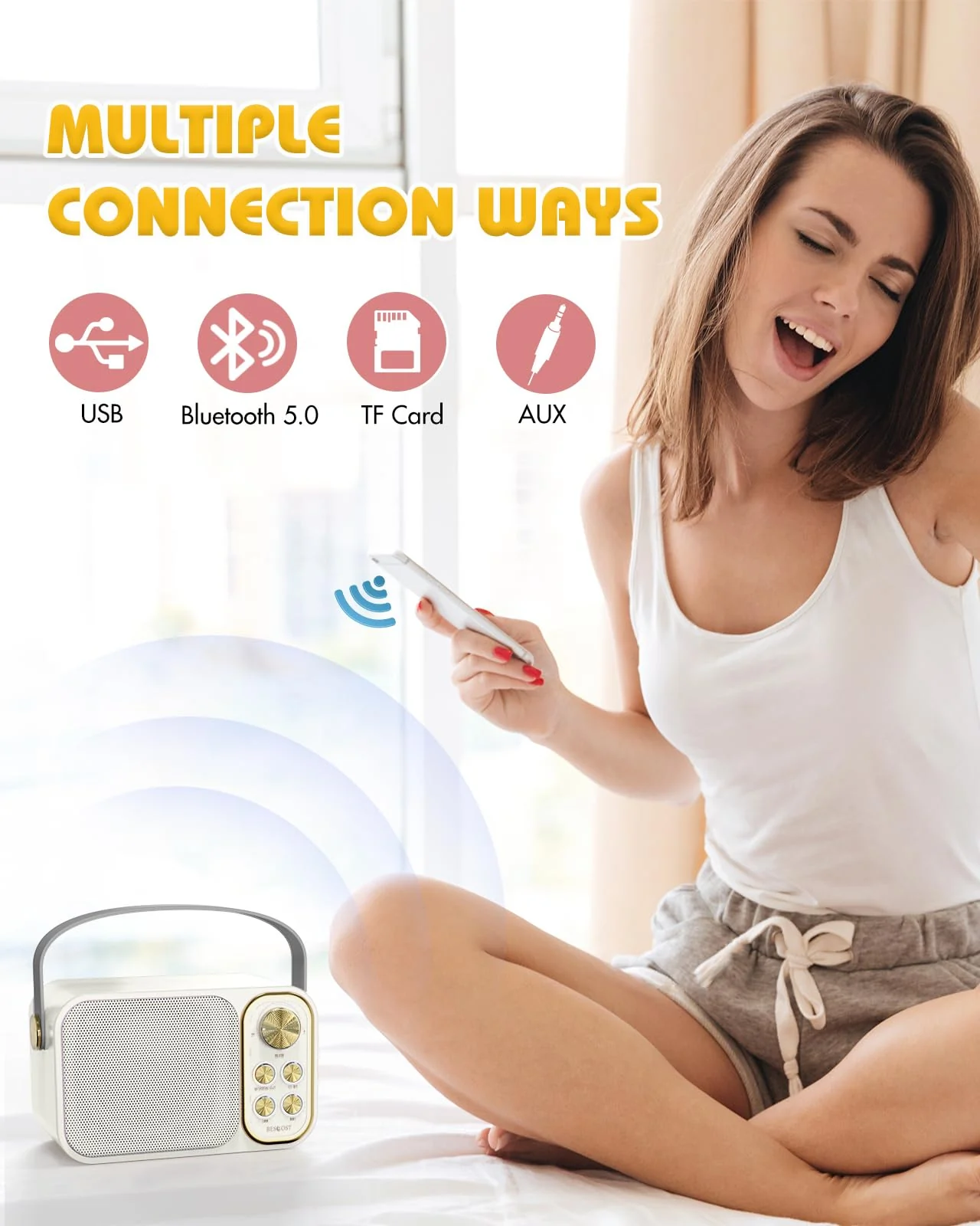 Mini Karaoke Machine for Kids Adults, Portable Bluetooth Speaker with 2 Wireless Microphones, Kids Karaoke Machine for Girls Boys, Toys Birthday Gifts for 3-12+ Years Old Toddler (White) - Image 5