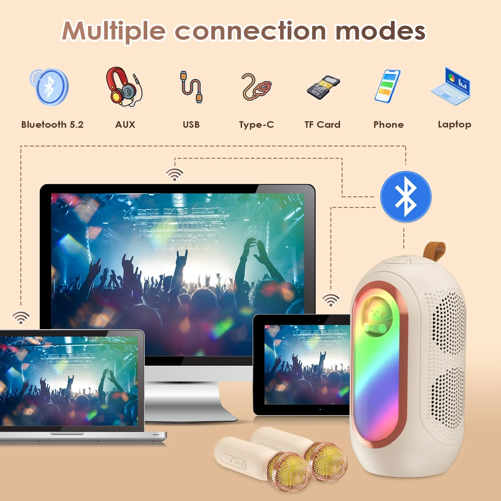 Mini Karaoke Machine for Kids & Adults with 2 Wireless Microphones Portable Karaoke Machine 2x5W Bluetooth Speaker Birthday Gift Toys Gifts for Kids Family Home Outdoor Party Cream - Image 4