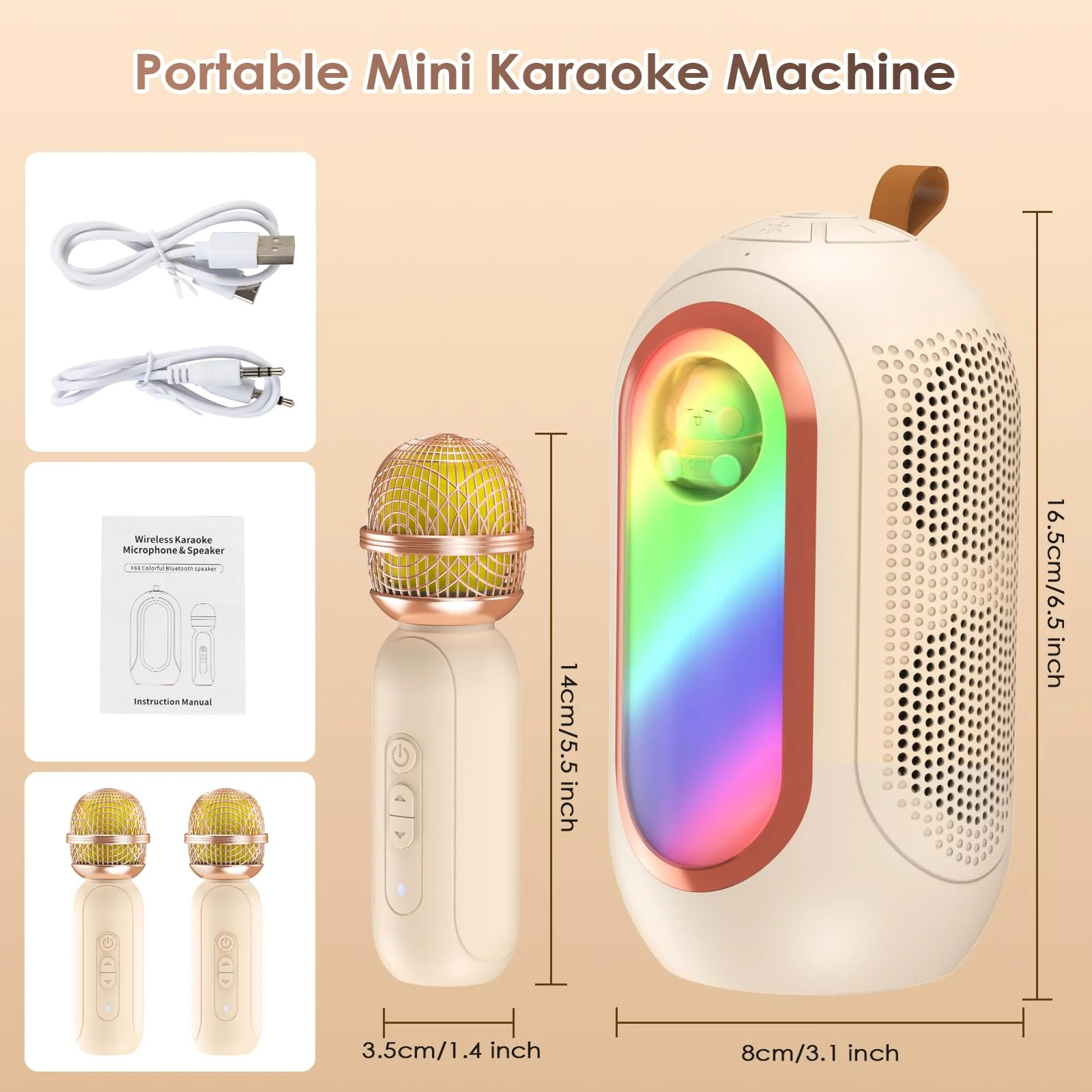 Mini Karaoke Machine for Kids & Adults with 2 Wireless Microphones Portable Karaoke Machine 2x5W Bluetooth Speaker Birthday Gift Toys Gifts for Kids Family Home Outdoor Party Cream - Image 7