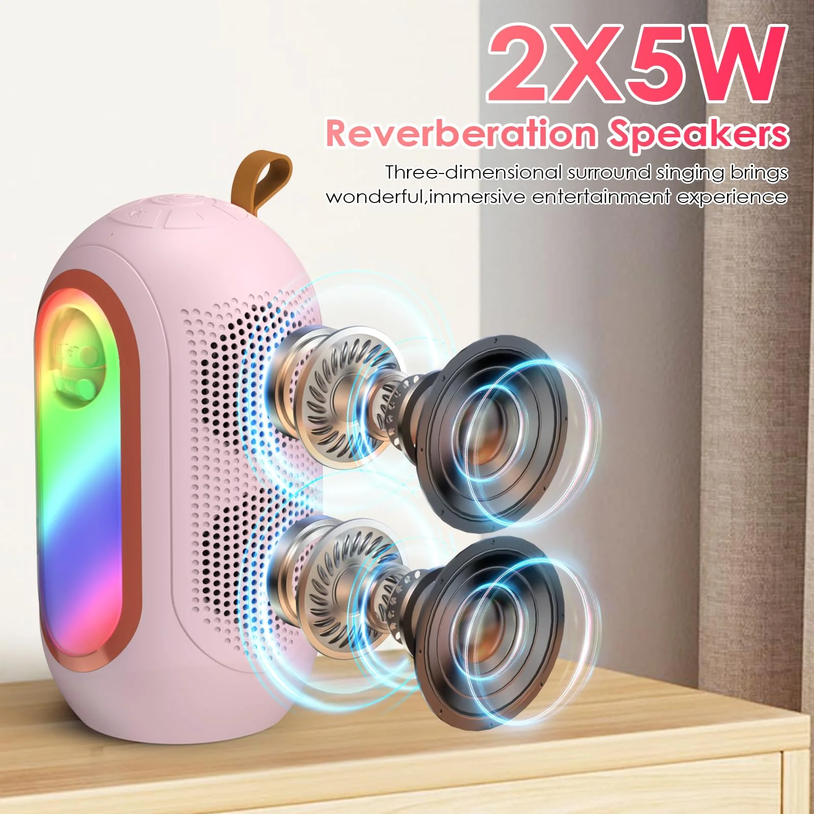 Mini Karaoke Machine for Kids & Adults with 2 Wireless Microphones Portable Karaoke Machine 2x5W Bluetooth Speaker Birthday Gift Toys Gifts for Kids Family Home Outdoor Party Pink - Image 2