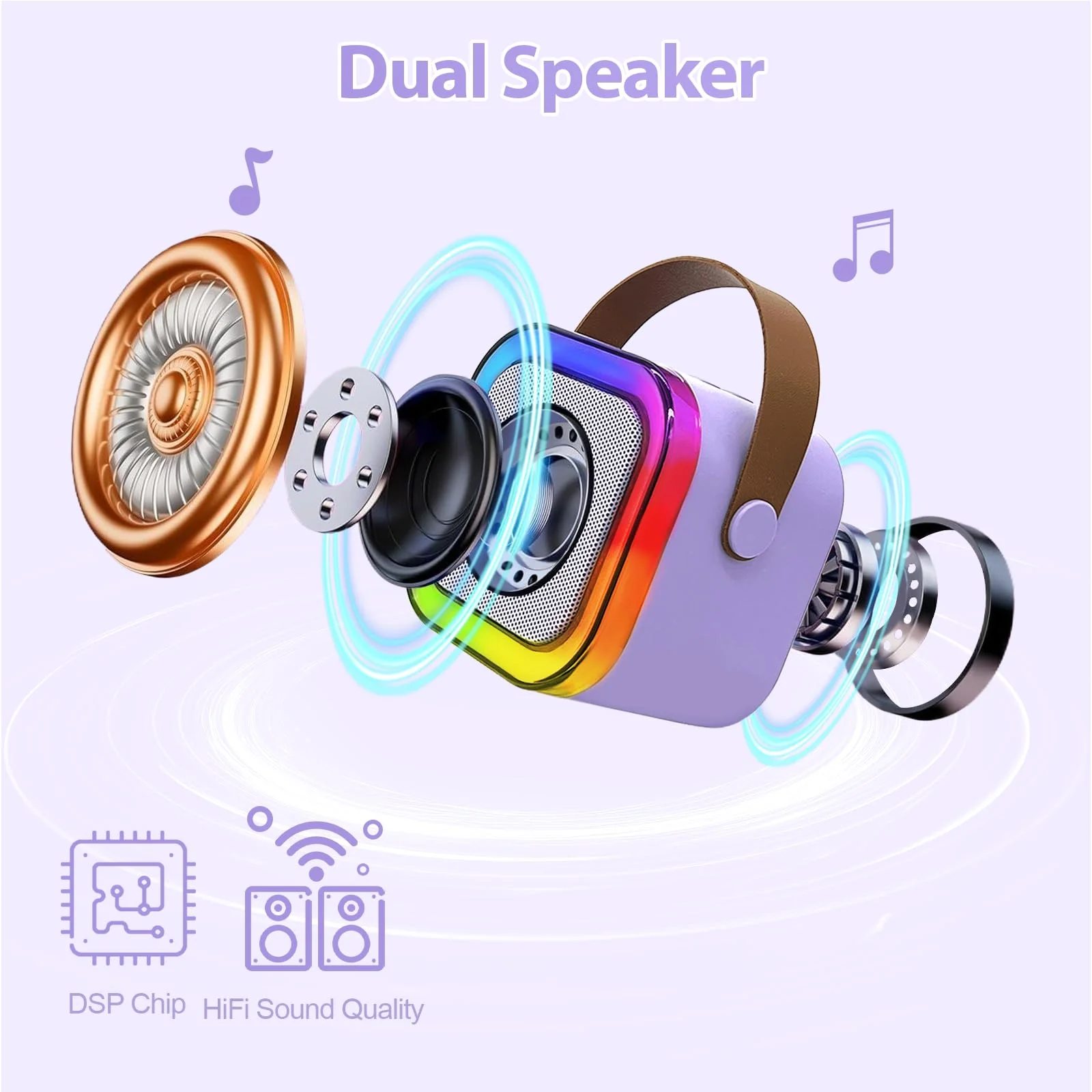 Mini Karaoke Machine for Kids, Birthday Easter Gifts Toys for Girls Boys Ages 3-12+, Portable Bluetooth Speaker with Upgraded 2 Wireless Microphones, Toddler Toys for Singing Home Party Family, Purple - Image 3