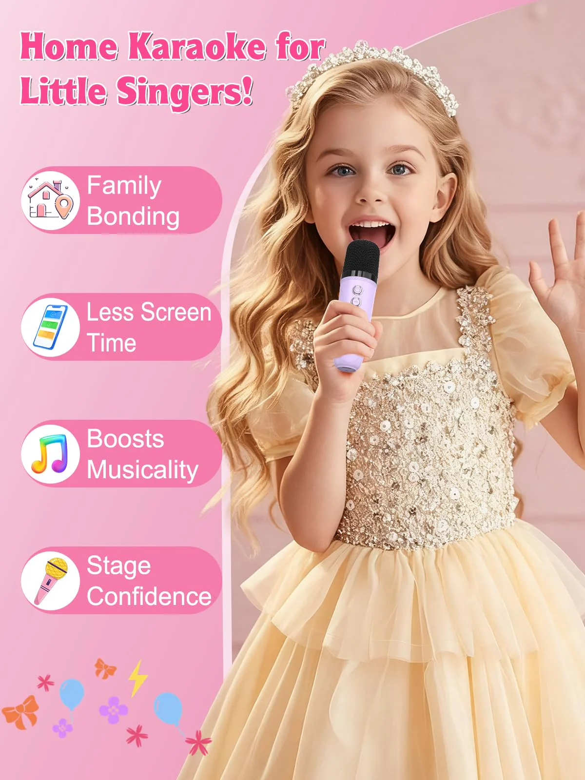 Mini Karaoke Machine for Kids Girls Boys Ages 3-12, Portable Bluetooth Speaker with 2 Wireless Microphones with Voice Changing & LED Party Lights, Birthday Gifts for Family Home Party purple - Image 2