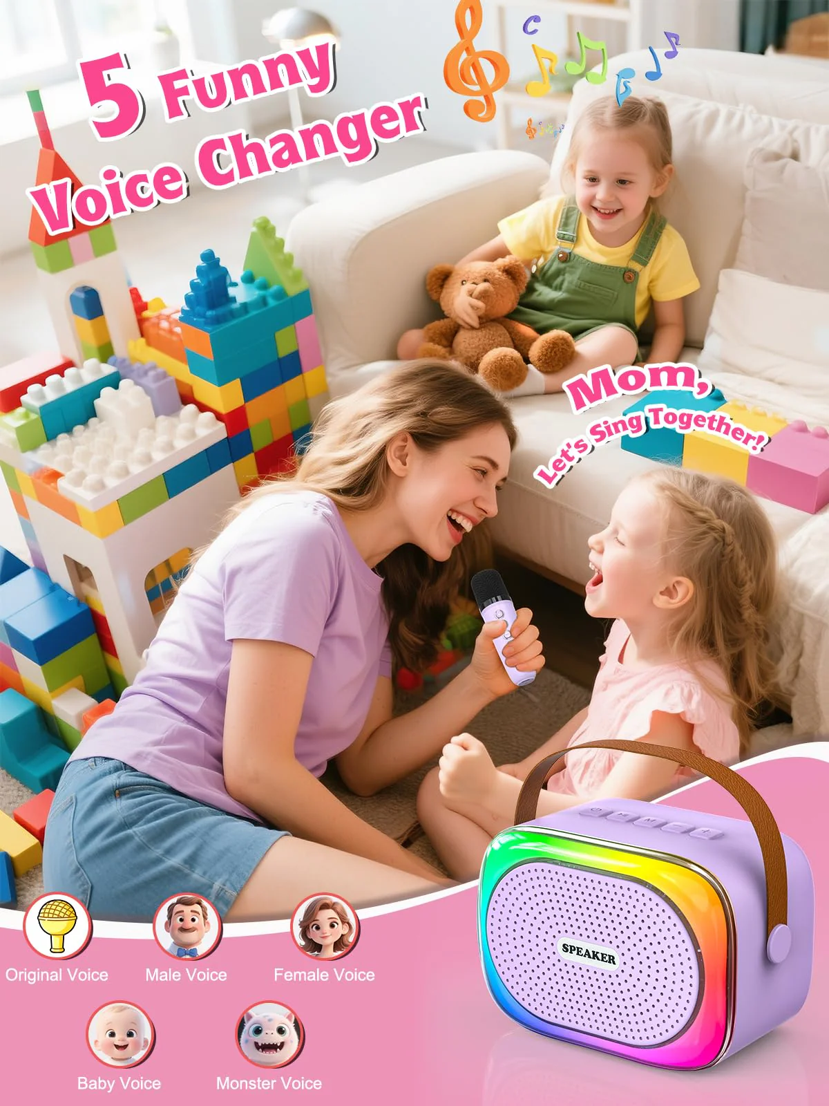 Mini Karaoke Machine for Kids Girls Boys Ages 3-12, Portable Bluetooth Speaker with 2 Wireless Microphones with Voice Changing & LED Party Lights, Birthday Gifts for Family Home Party purple - Image 6