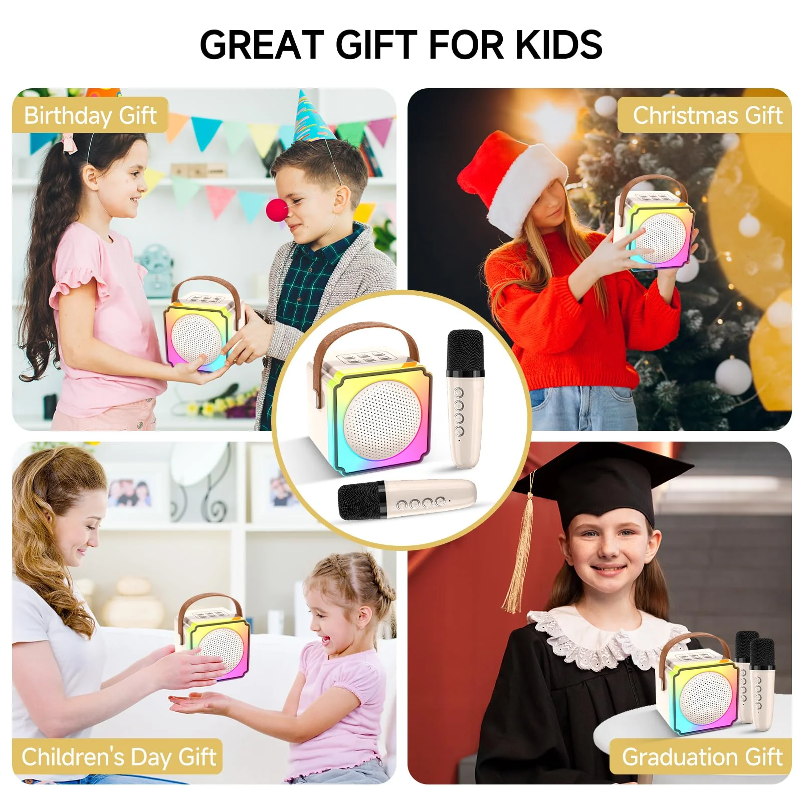 Mini Karaoke Machine for Kids,Portable Bluetooth Karaoke Machine with 2 Wireless Microphones, Kids Karaoke Machine for Birthday Home Party,Gift for Girls Boys（Beige） Beige - Image 2