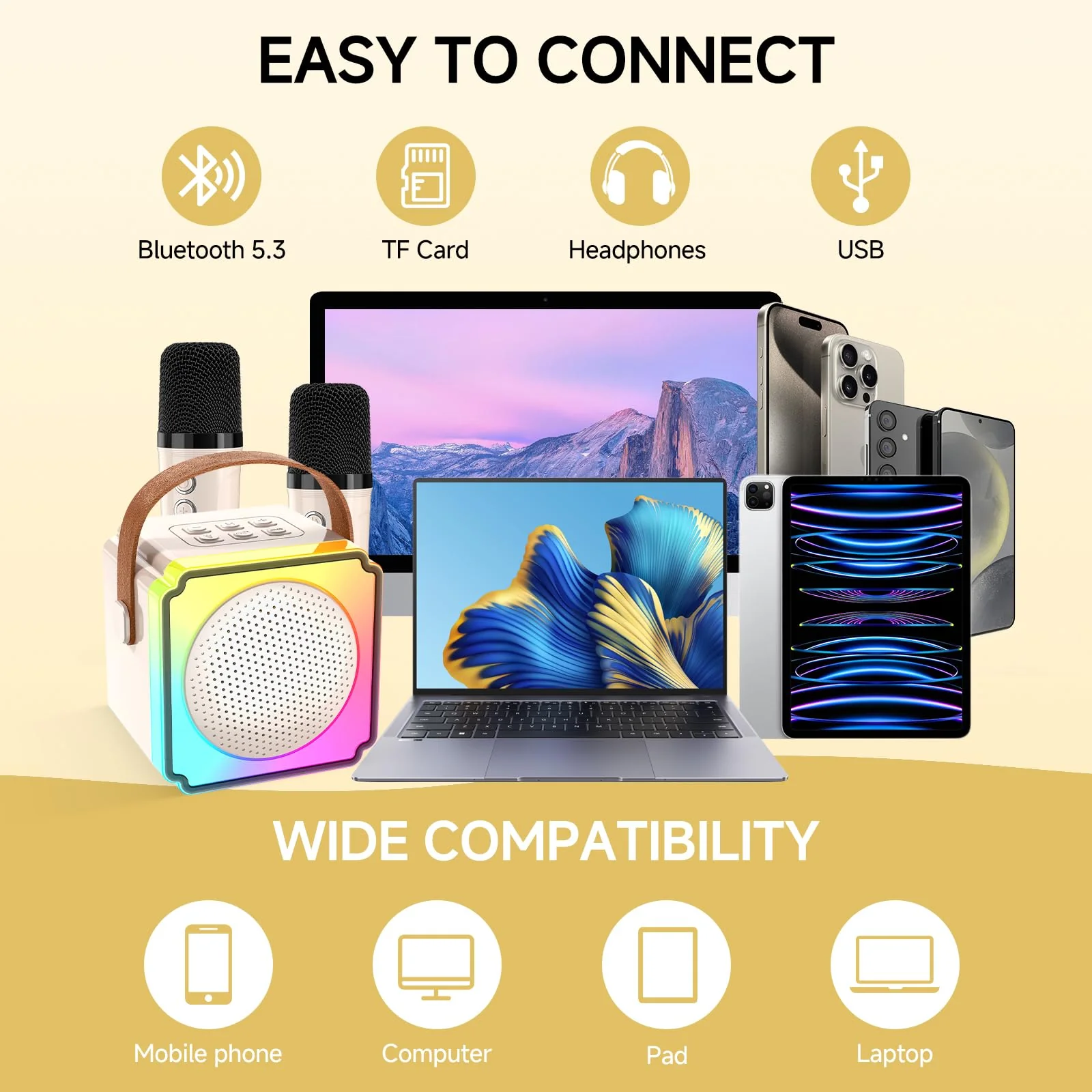 Mini Karaoke Machine for Kids,Portable Bluetooth Karaoke Machine with 2 Wireless Microphones, Kids Karaoke Machine for Birthday Home Party,Gift for Girls Boys（Beige） Beige - Image 4