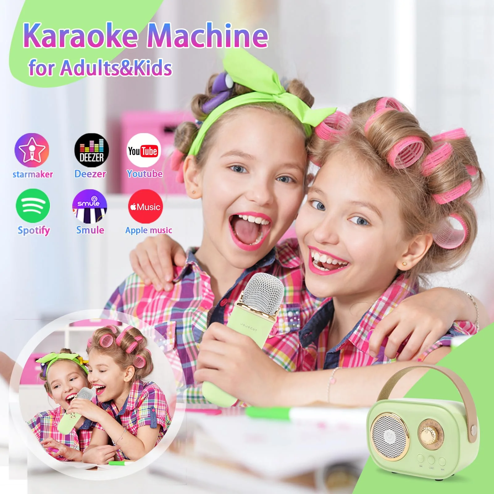 Mini Karaoke Machine for Kids,Portable Bluetooth Speaker with 2 Wireless Microphone,Toys for Girls Boys Gifts,Retro Speaker Set Stereo Sound Enhanced Bass for Home Party Birthday (Green) Green - Image 2