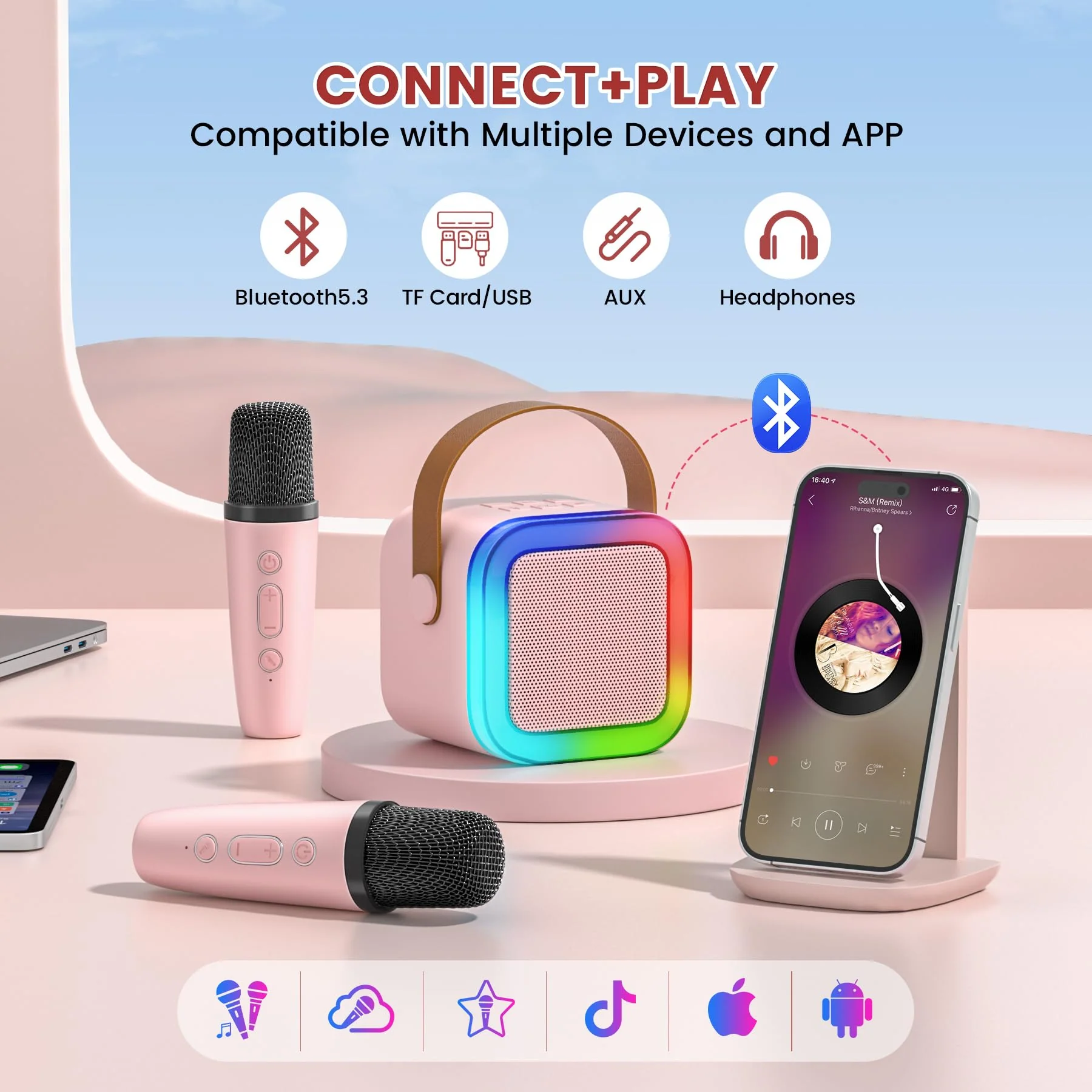 Mini Karaoke Machine for Kids,Portable Bluetooth Speaker with 2 Wireless Microphones,Toddler Music Player Toys,Easter Birthday Gifts for 3,4,5,6,7,8,9,10,11,12+Years Old Girls Boys (Pink) Pink - Image 4