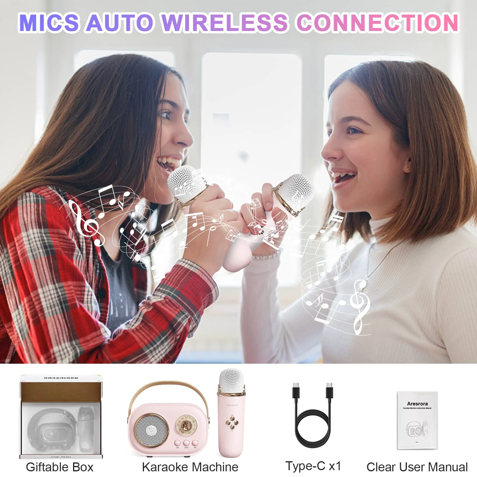 Mini Karaoke Machine,Karaoke Machine for Kids and Adults,Cute Karaoke with Microphone Set,Portable Bluetooth Speaker with Microphone,Retro Handheld Style for Family Party Meeting Singing (Pink) Pink - Image 7