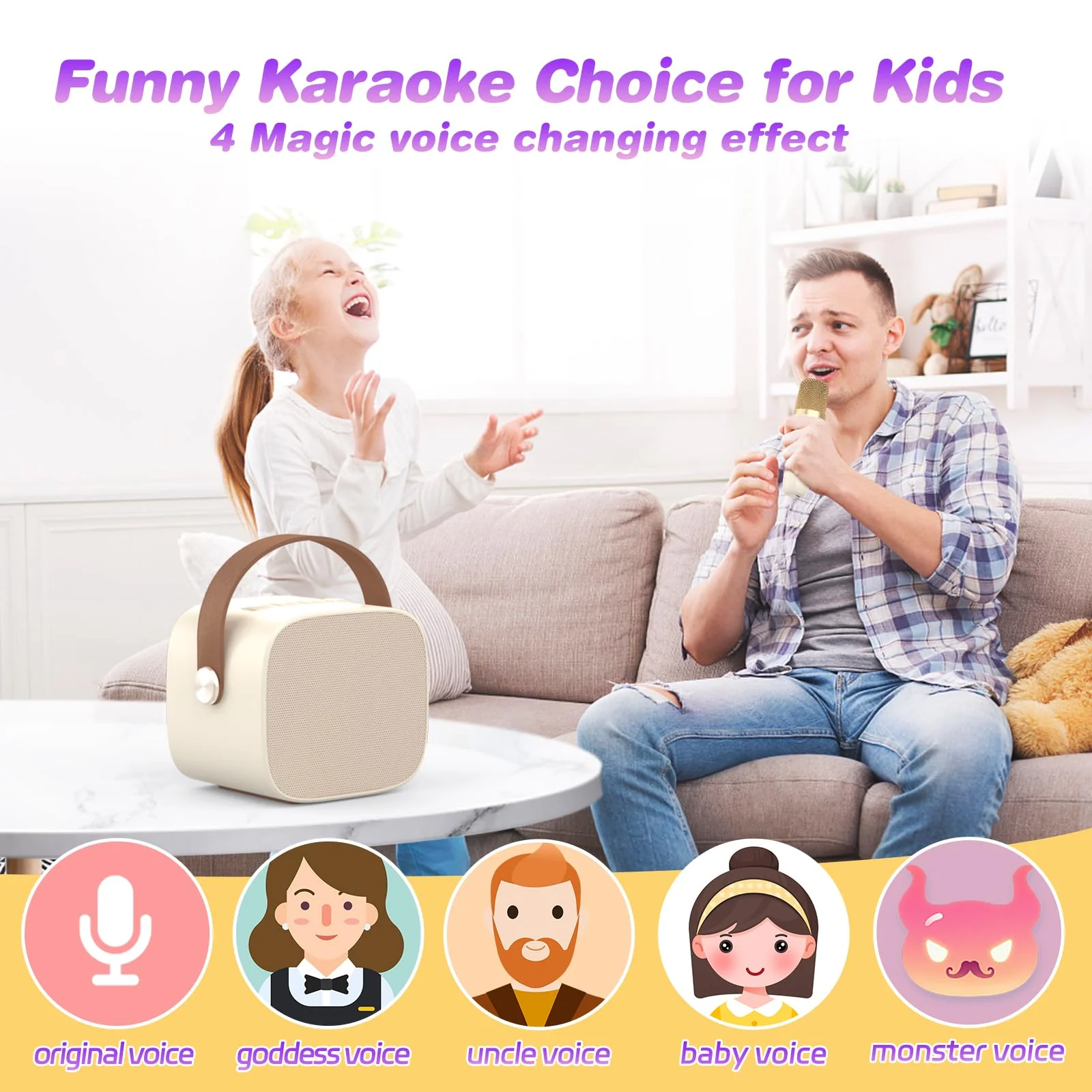Mini Karaoke Machine Microphone,Fun Toys Christmas Birthday Gifts for Adult Kids/Toddler Boys Girls 3 4 5 6 7 8 9 10 11 12+,Portable Bluetooth Speaker with 2 Wireless Microphone Beige 2 Mics - Image 2