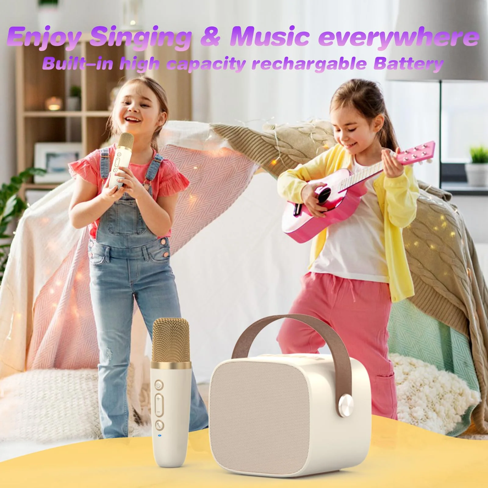 Mini Karaoke Machine Microphone,Fun Toys Christmas Birthday Gifts for Adult Kids/Toddler Boys Girls 3 4 5 6 7 8 9 10 11 12+,Portable Bluetooth Speaker with 2 Wireless Microphone Beige 2 Mics - Image 4