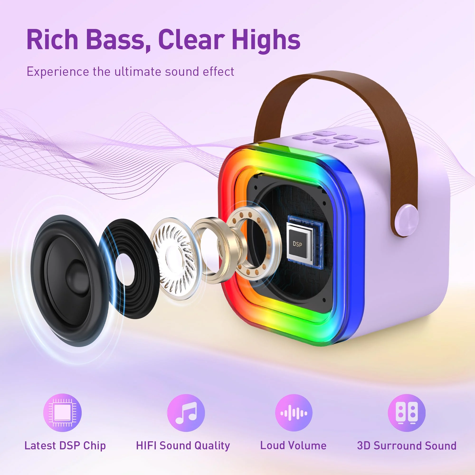 Mini Karaoke Machine: Mini Karaoke Machine with 2 Wireless Karaoke Microphones and Light for Family Home Party - Portable Singing Karaoke Speaker - Stage-subwoofers (Purple) Purple - Image 2