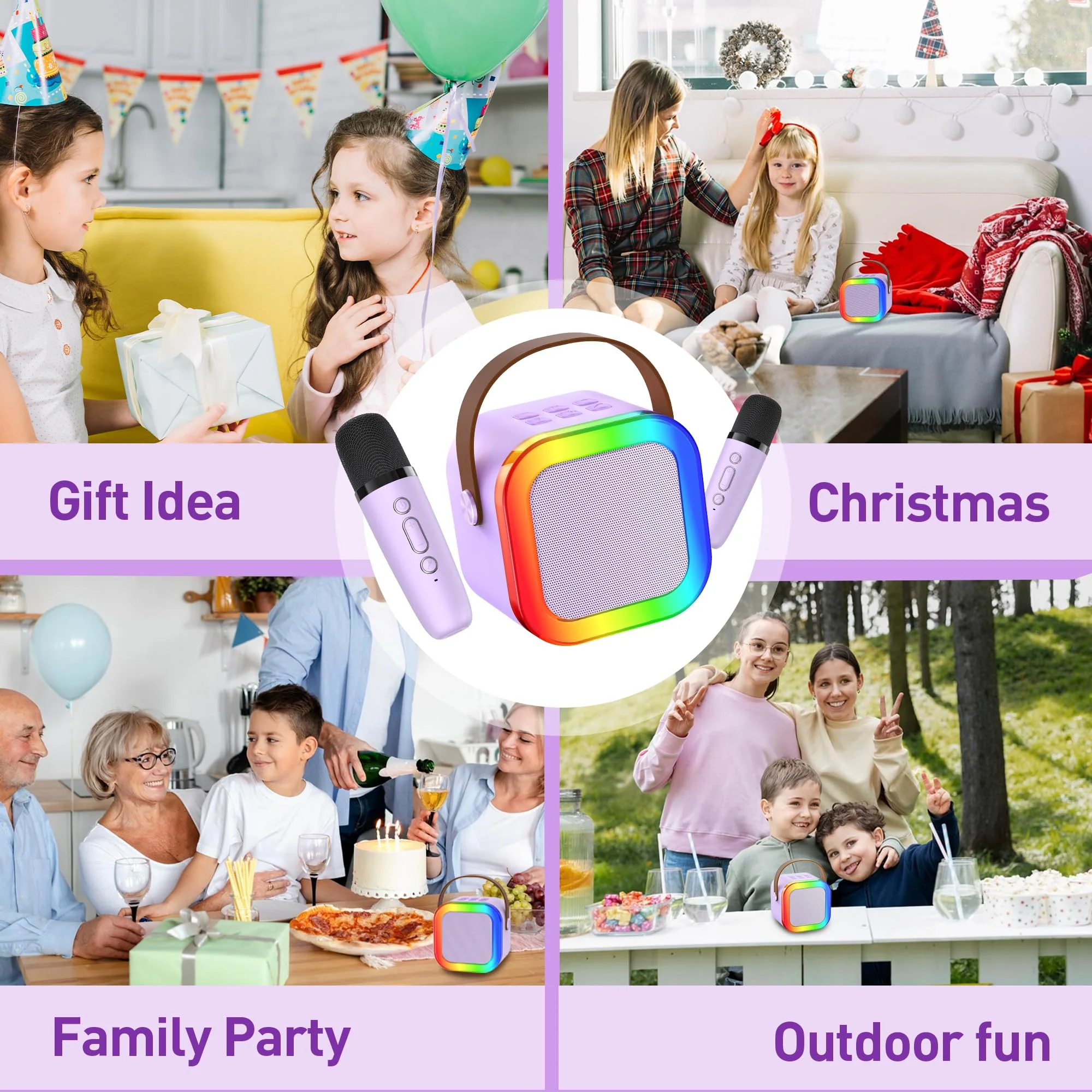 Mini Karaoke Machine: Mini Karaoke Machine with 2 Wireless Karaoke Microphones and Light for Family Home Party - Portable Singing Karaoke Speaker - Stage-subwoofers (Purple) Purple - Image 9