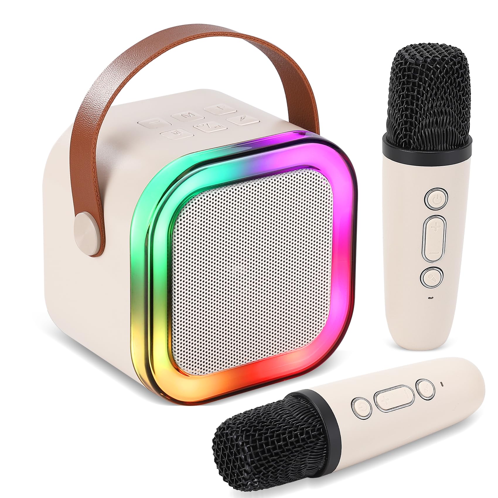 Mini Karaoke Machine, Portable Bluetooth Karaoke Speaker with 2 Wireless Microphones and Light for Family Home Party,Toys for Girls Boys Friends Age 3-12+ Kids and Adults Birthday Gifts. (Beige) white