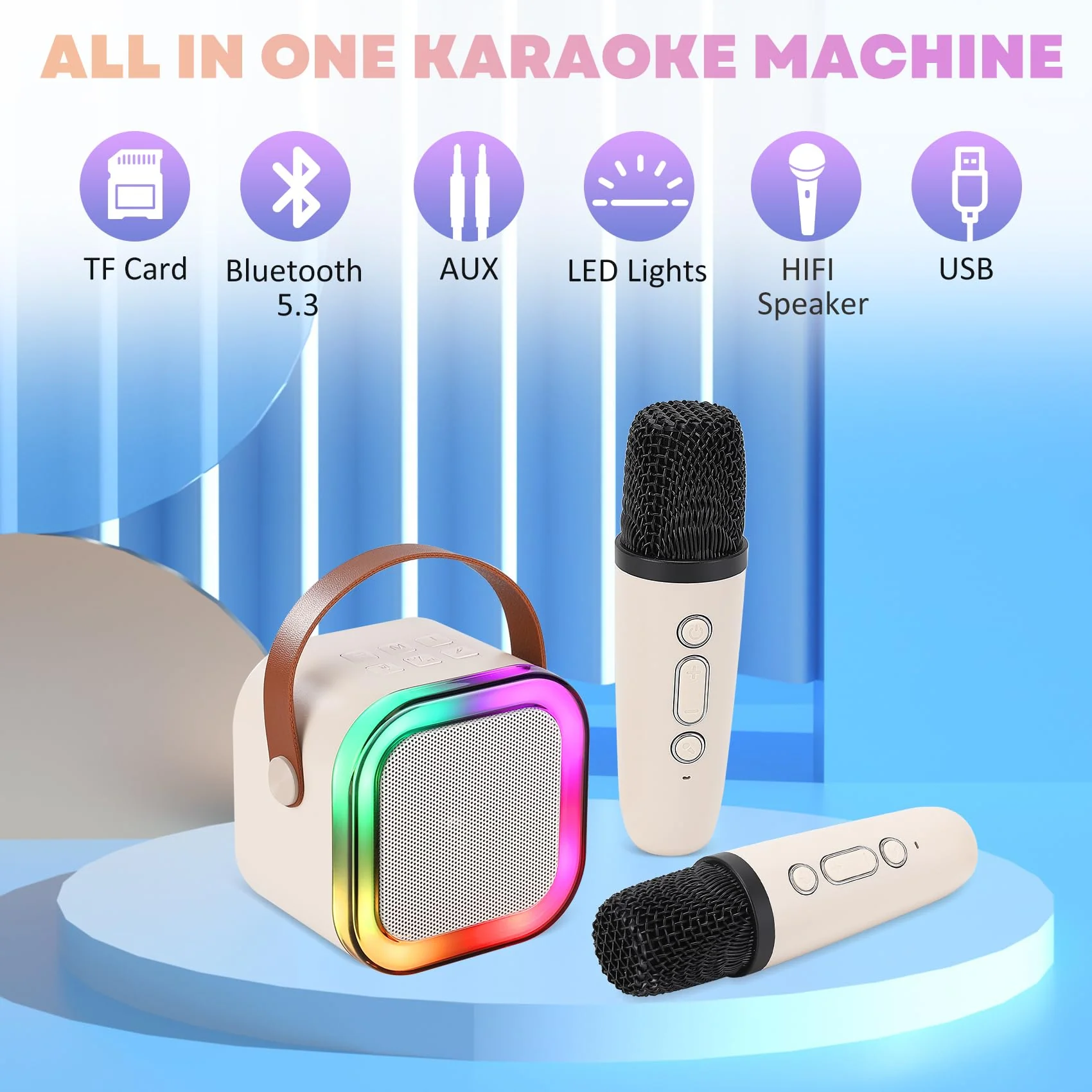 Mini Karaoke Machine, Portable Bluetooth Karaoke Speaker with 2 Wireless Microphones and Light for Family Home Party,Toys for Girls Boys Friends Age 3-12+ Kids and Adults Birthday Gifts. (Beige) white - Image 2