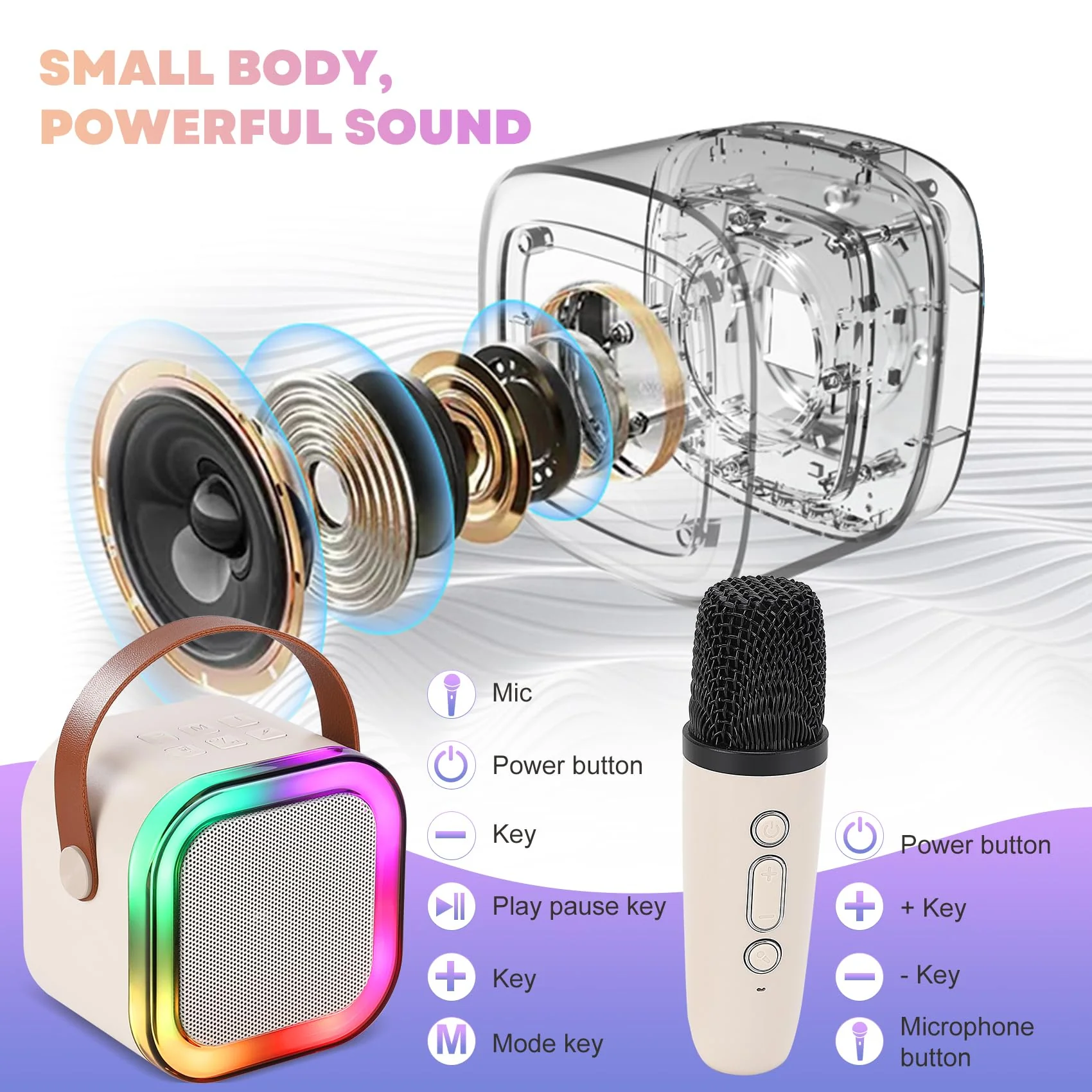 Mini Karaoke Machine, Portable Bluetooth Karaoke Speaker with 2 Wireless Microphones and Light for Family Home Party,Toys for Girls Boys Friends Age 3-12+ Kids and Adults Birthday Gifts. (Beige) white - Image 4