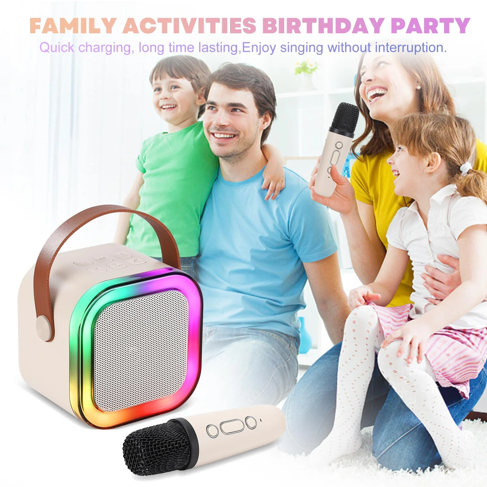 Mini Karaoke Machine, Portable Bluetooth Karaoke Speaker with 2 Wireless Microphones and Light for Family Home Party,Toys for Girls Boys Friends Age 3-12+ Kids and Adults Birthday Gifts. (Beige) white - Image 6
