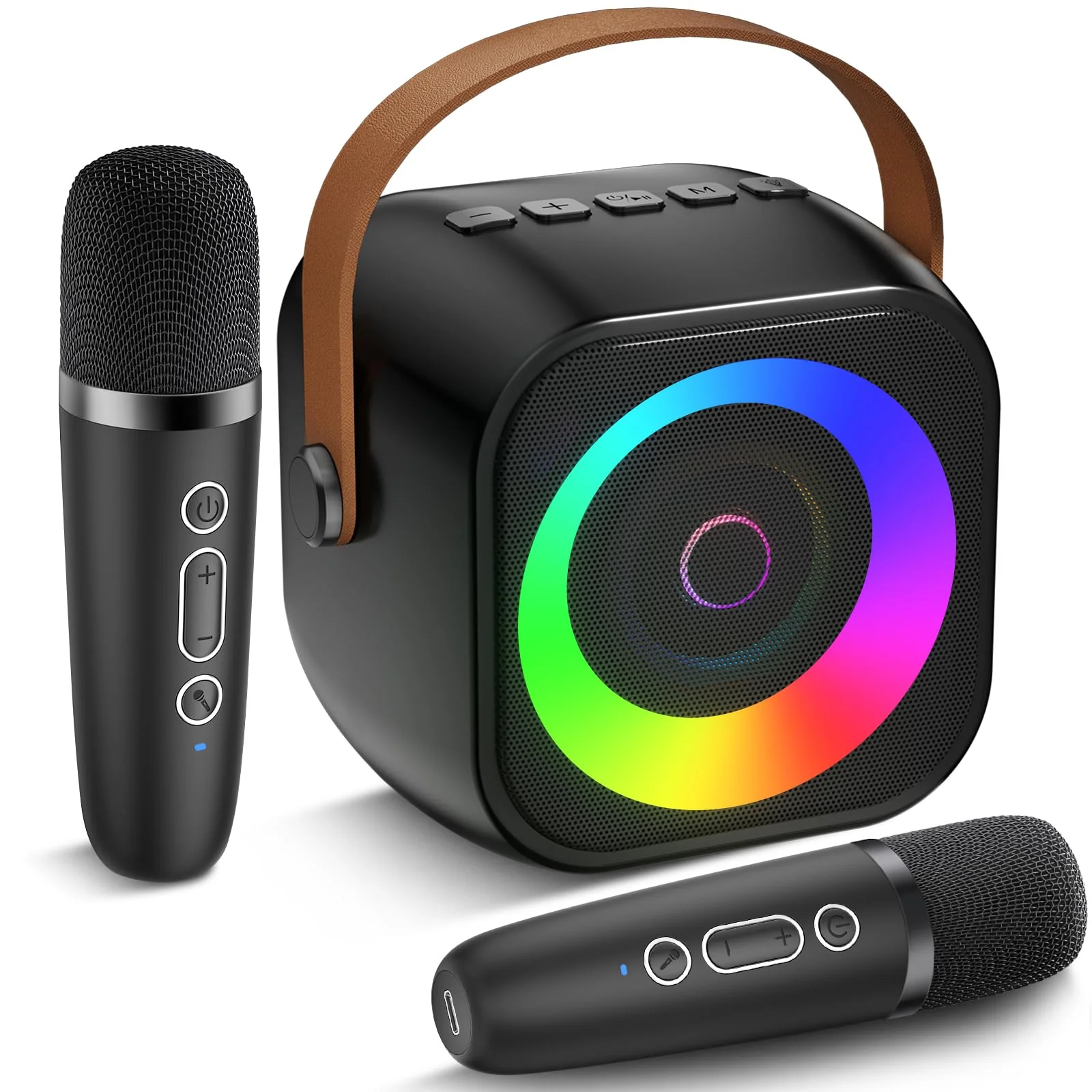 Mini Karaoke Machine, Portable Bluetooth Speaker with 2 Wireless Microphones for Kids & Adults, Karaoke Microphone with LED Lights, Gifts for Girls & Boys Black
