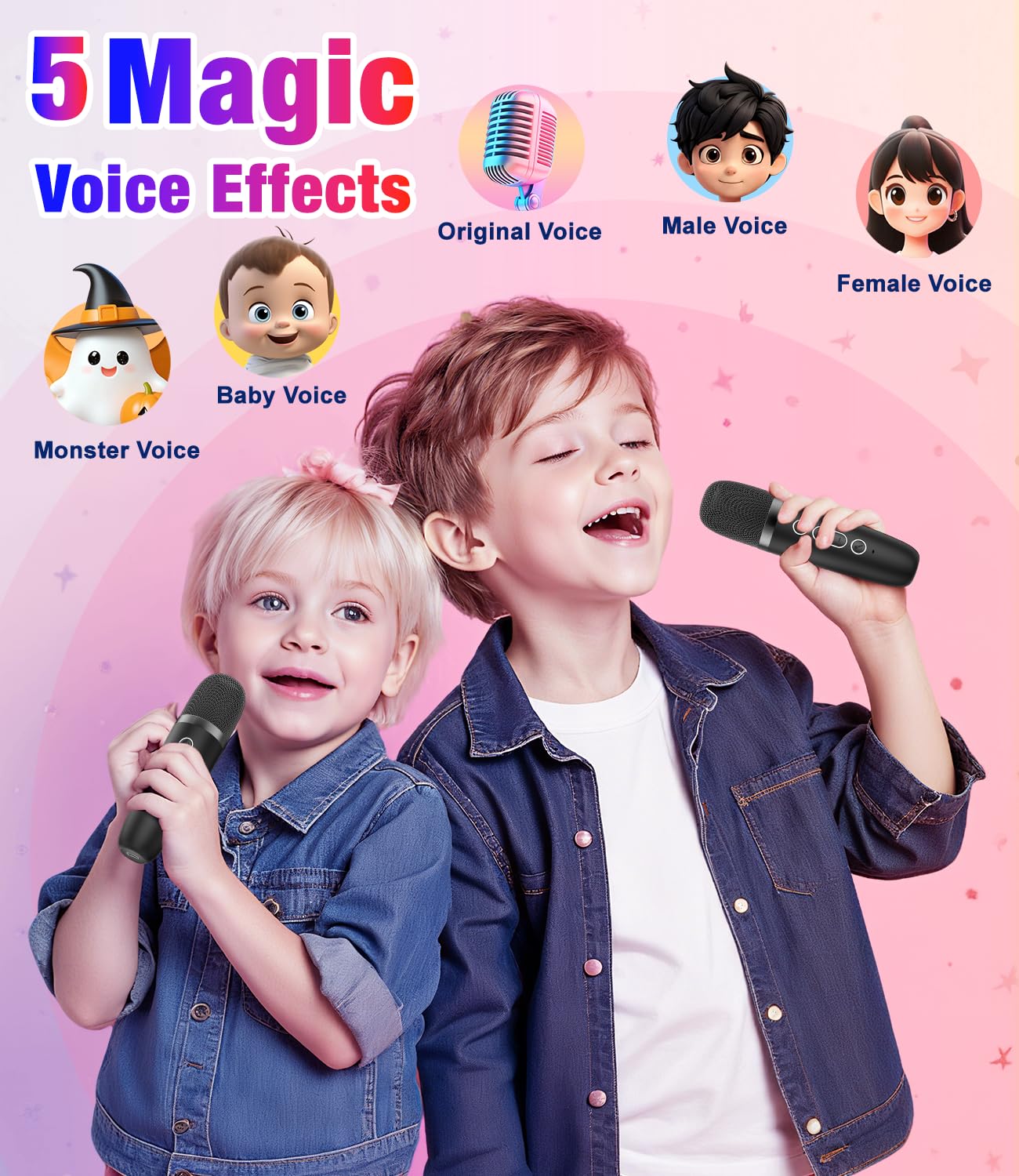 Mini Karaoke Machine, Portable Bluetooth Speaker with 2 Wireless Microphones for Kids & Adults, Karaoke Microphone with LED Lights, Gifts for Girls & Boys Black - Image 6