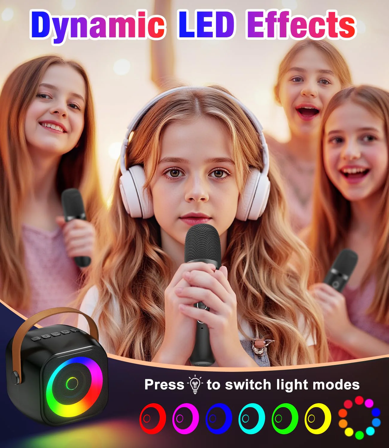 Mini Karaoke Machine, Portable Bluetooth Speaker with 2 Wireless Microphones for Kids & Adults, Karaoke Microphone with LED Lights, Gifts for Girls & Boys Black - Image 7