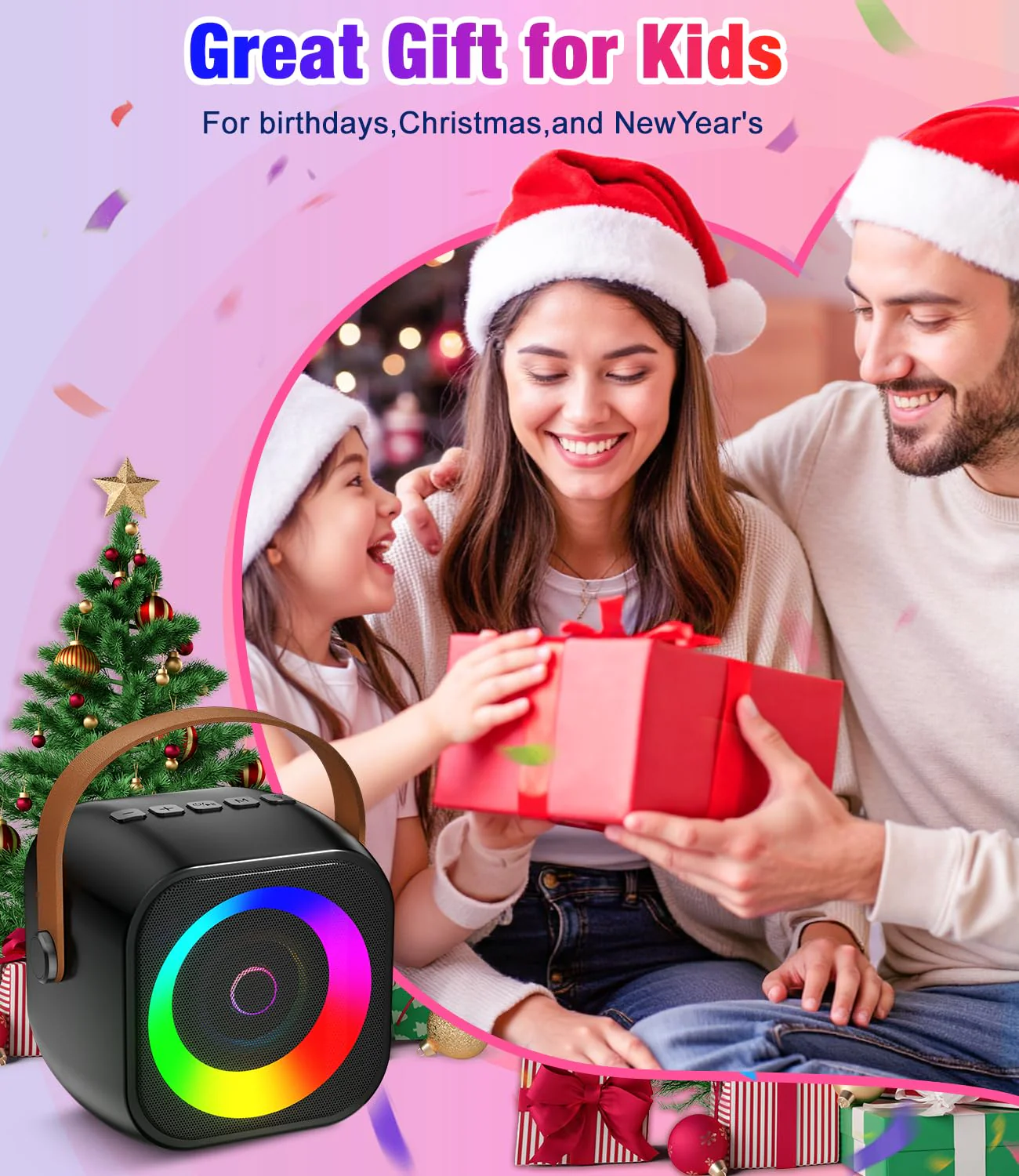 Mini Karaoke Machine, Portable Bluetooth Speaker with 2 Wireless Microphones for Kids & Adults, Karaoke Microphone with LED Lights, Gifts for Girls & Boys Black - Image 8