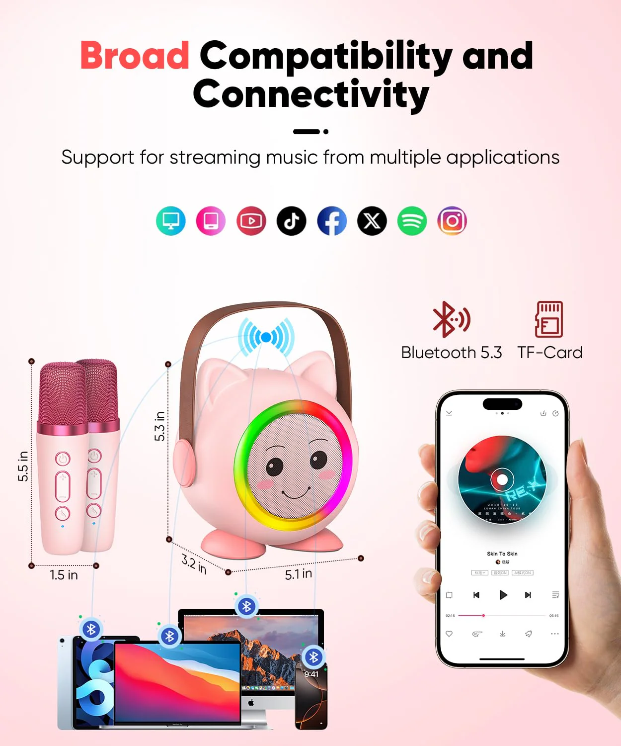 Mini Karaoke Machine Toy for Kids, Portable Karaoke Machine with 2 Wireless Microphone for 4,5,6,7,8,9,10,11,12+ Years Old Christmas Birthday Gifts Girls Boys (Pink) Pink 2 Mic - Image 3