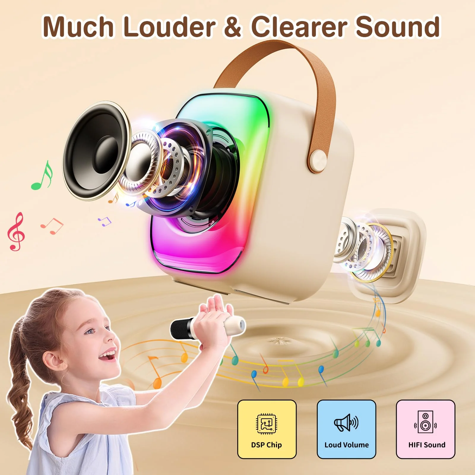 Mini Karaoke Machine with Two Wireless Microphones, Portable Bluetooth Speaker for Adults and Kids, Karaoke Microphone with LED, Speaker Supports for TF Card/USB, AUX in (Beige) Beige - Image 3