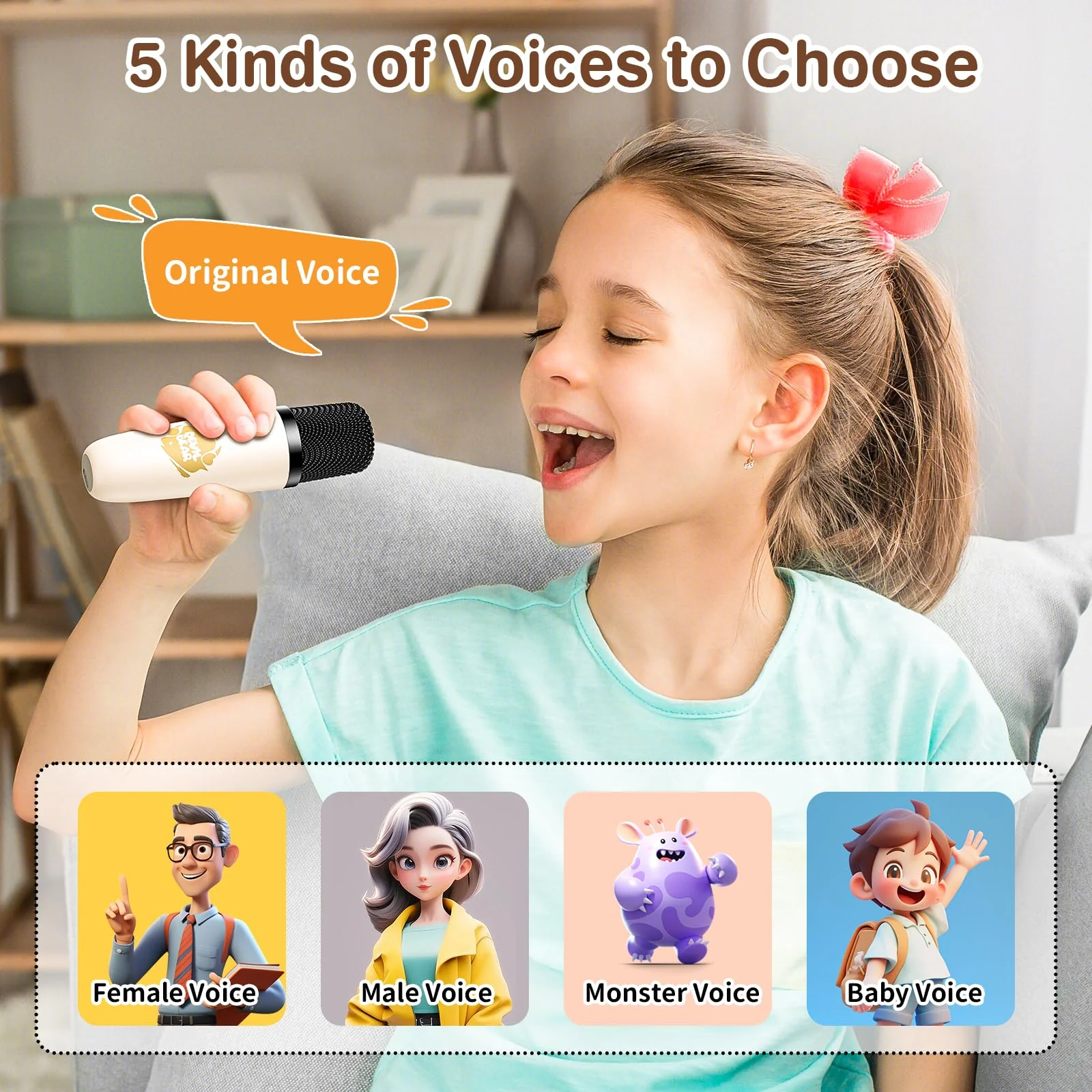 Mini Karaoke Machine with Two Wireless Microphones, Portable Bluetooth Speaker for Adults and Kids, Karaoke Microphone with LED, Speaker Supports for TF Card/USB, AUX in (Beige) Beige - Image 6