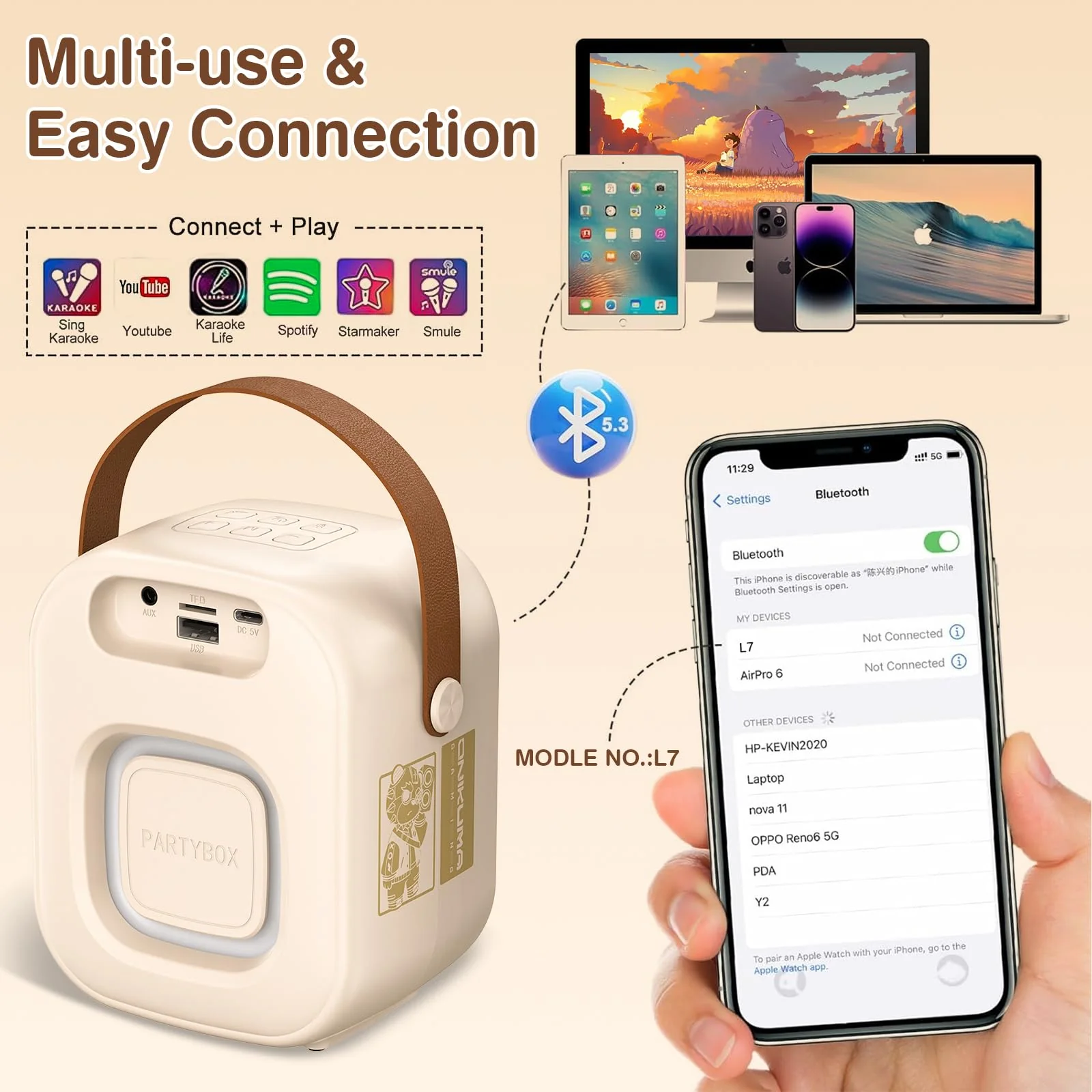 Mini Karaoke Machine with Two Wireless Microphones, Portable Bluetooth Speaker for Adults and Kids, Karaoke Microphone with LED, Speaker Supports for TF Card/USB, AUX in (Beige) Beige - Image 7