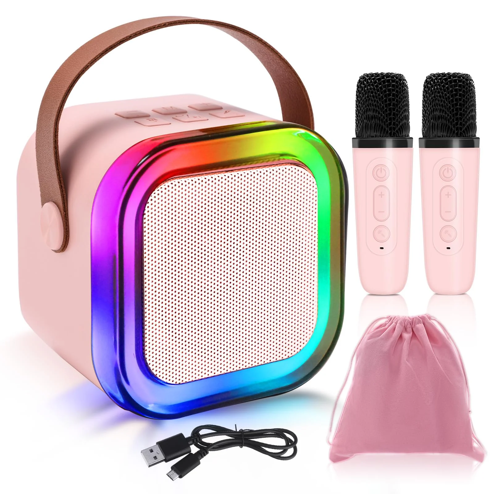 Mini Karaoke Machines for Kids, Girls Portable Karaoke Machine with 2 Microphones Speaker, 3 LED Disco Lights,5 Funny Sound, Gift for Boy Toddler Teen Adult Birthday Holiday Home Party Pink