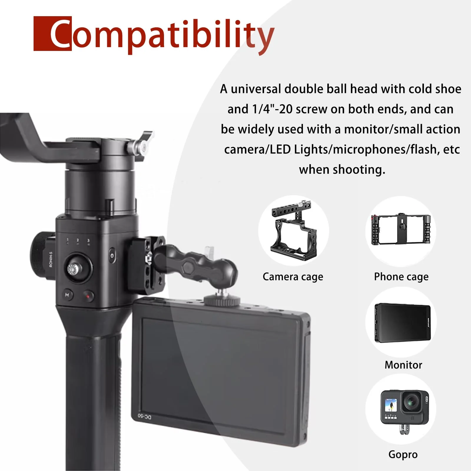 Mini Magic Arm Multi-Function Double Ball Head with Cold Shoe Mount and 1/4’’-20 Screw for Monitor, LED Light, Microphone, Max Load up to 2kg/4.4lb - 2 Pieces - Image 5