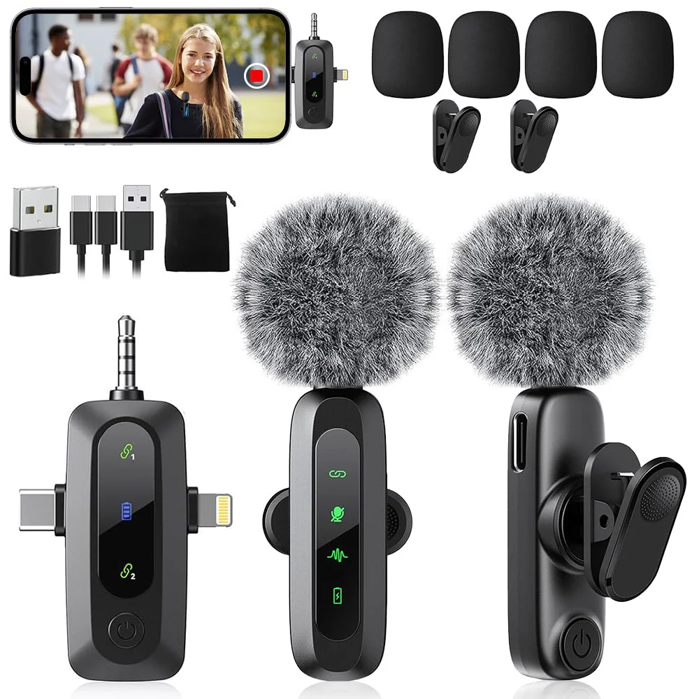 Mini Microphone,3 in 1 Wireless Lavalier Microphones for iPhone/iPad/Android/Camera(Lightning/USB/3.5 mm Jack),2 LED Display Bluetooth Microphone Mute/Noise for Video Recording Vlog,Youtube, Tiktok Black LED(3 in1)