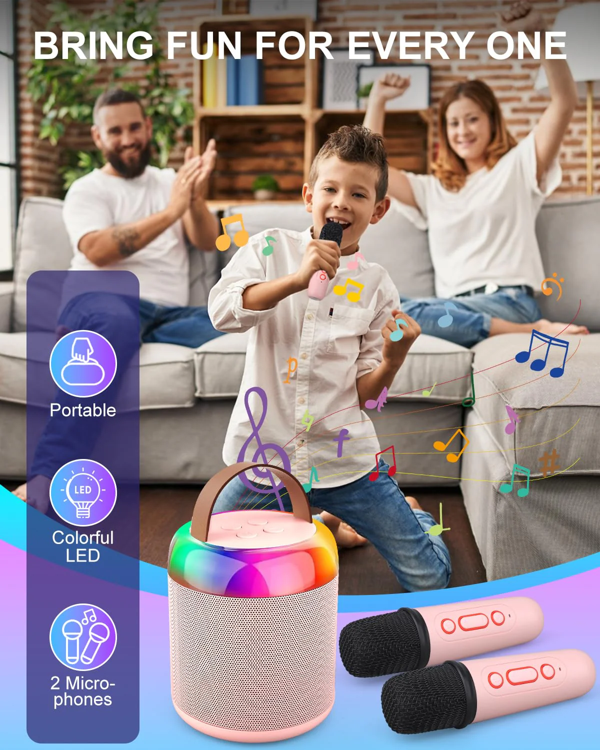 Mini Party Karaoke Machine Toy for Kids Audlts, Portable Led Karaoke Toy Speaker with 2 Wireless Microphones for Girls Boys Birthday, Holiday Stocking Stuffer Party Favors Supplies PINK - Image 2