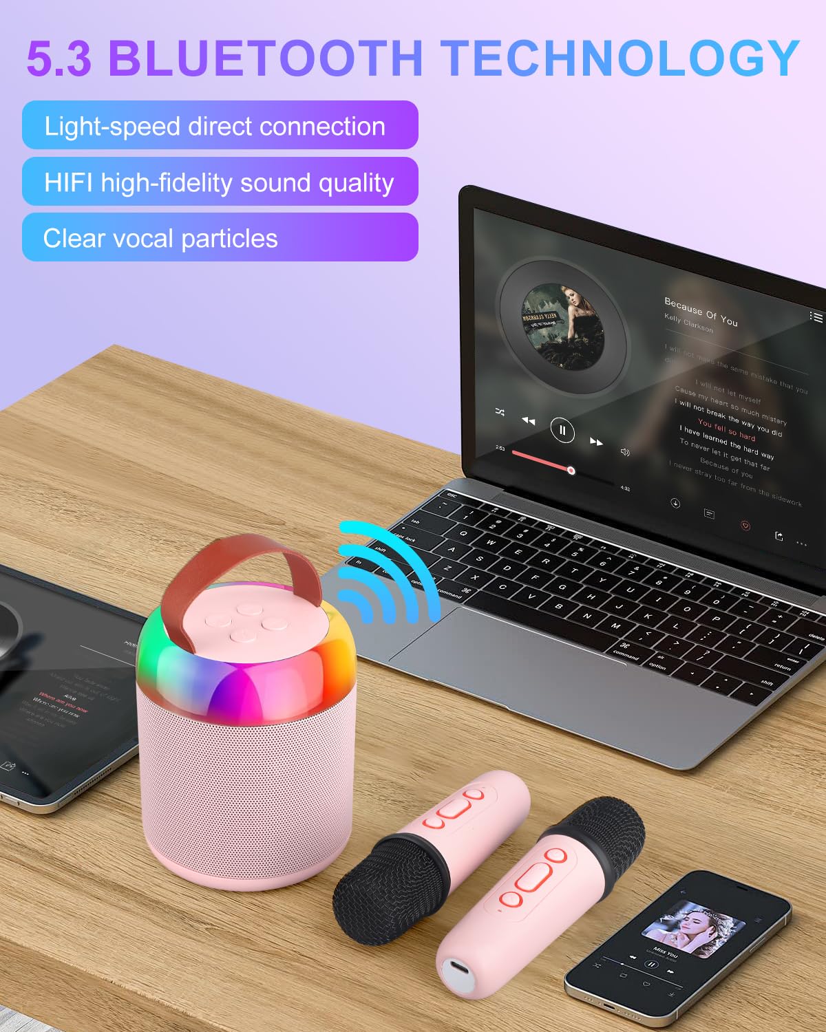Mini Party Karaoke Machine Toy for Kids Audlts, Portable Led Karaoke Toy Speaker with 2 Wireless Microphones for Girls Boys Birthday, Holiday Stocking Stuffer Party Favors Supplies PINK - Image 4