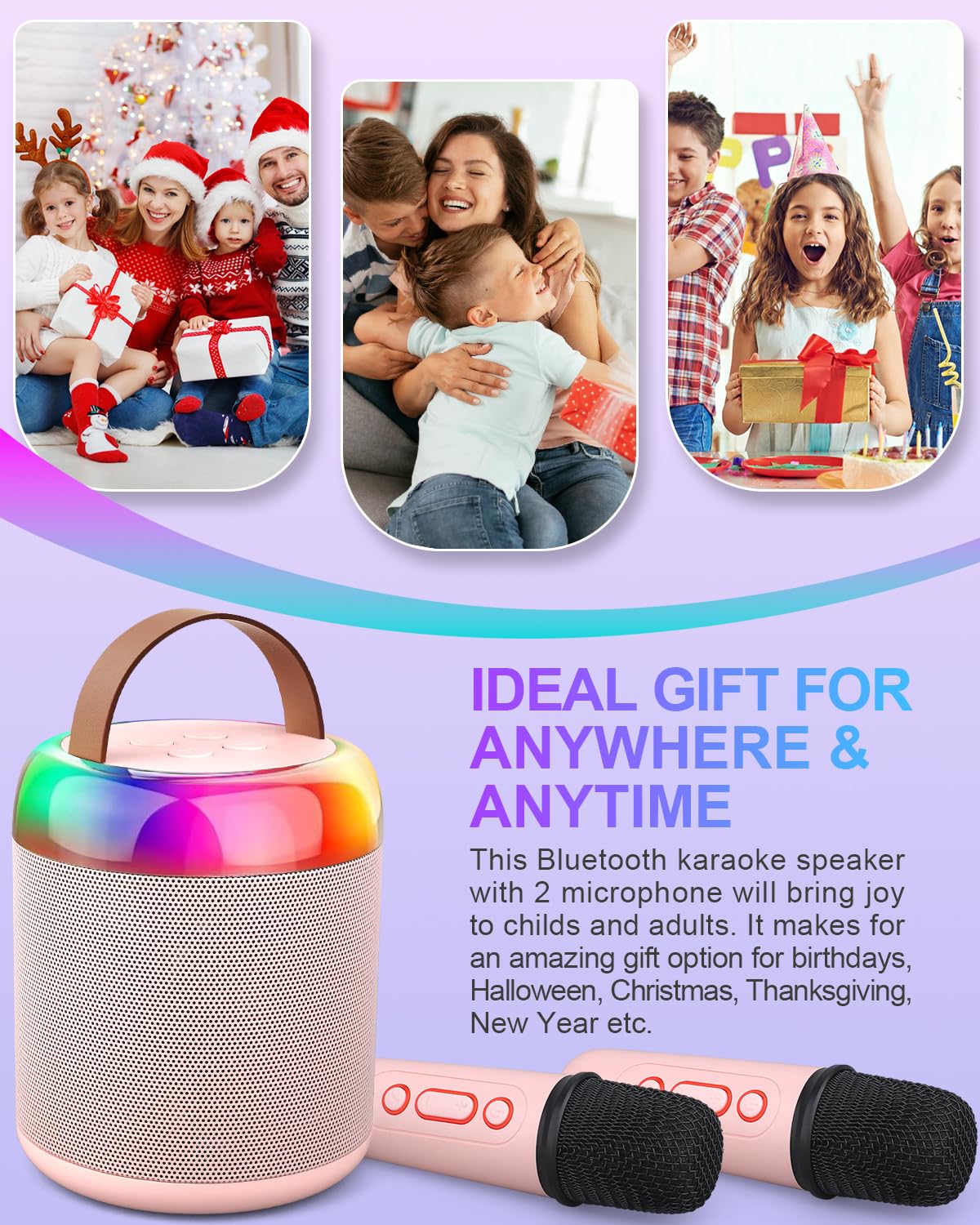 Mini Party Karaoke Machine Toy for Kids Audlts, Portable Led Karaoke Toy Speaker with 2 Wireless Microphones for Girls Boys Birthday, Holiday Stocking Stuffer Party Favors Supplies PINK - Image 6
