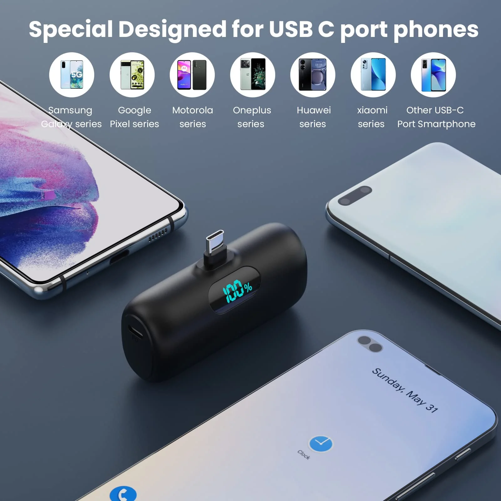 Mini Portable Charger 5000mAh Power Bank,15W PD USB C Cell Phone Portable Power,LCD Display Battery Pack Compatible With iPhone 16/15/15 Plus/15 Pro/15 Pro Max/Android/Samsung/Moto/LG(Type-C Only) Black - Image 3