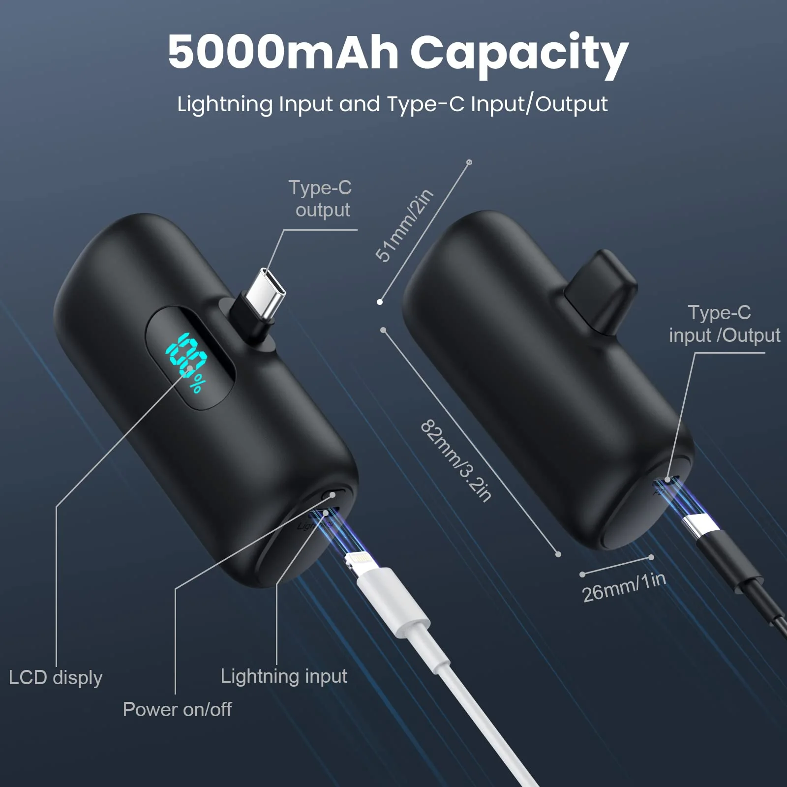 Mini Portable Charger 5000mAh Power Bank,15W PD USB C Cell Phone Portable Power,LCD Display Battery Pack Compatible With iPhone 16/15/15 Plus/15 Pro/15 Pro Max/Android/Samsung/Moto/LG(Type-C Only) Black - Image 7