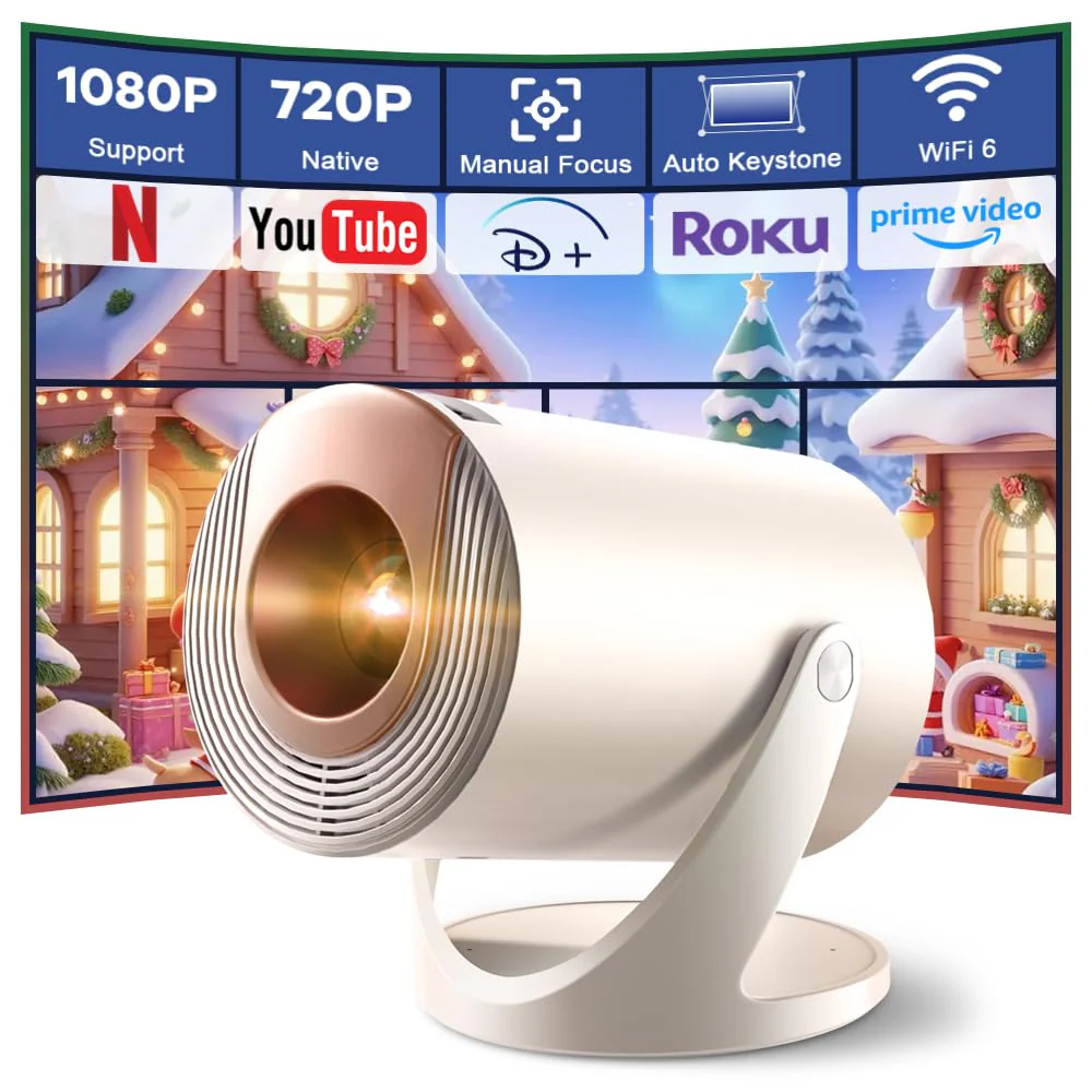 Mini Projector with WiFi and Bluetooth, Portable 1080P Projector Supports 4K Decoding, Auto Keystone & 90° Rotatable, Small Projector for Bedroom Indoor Use – 300 ANSI Lumens