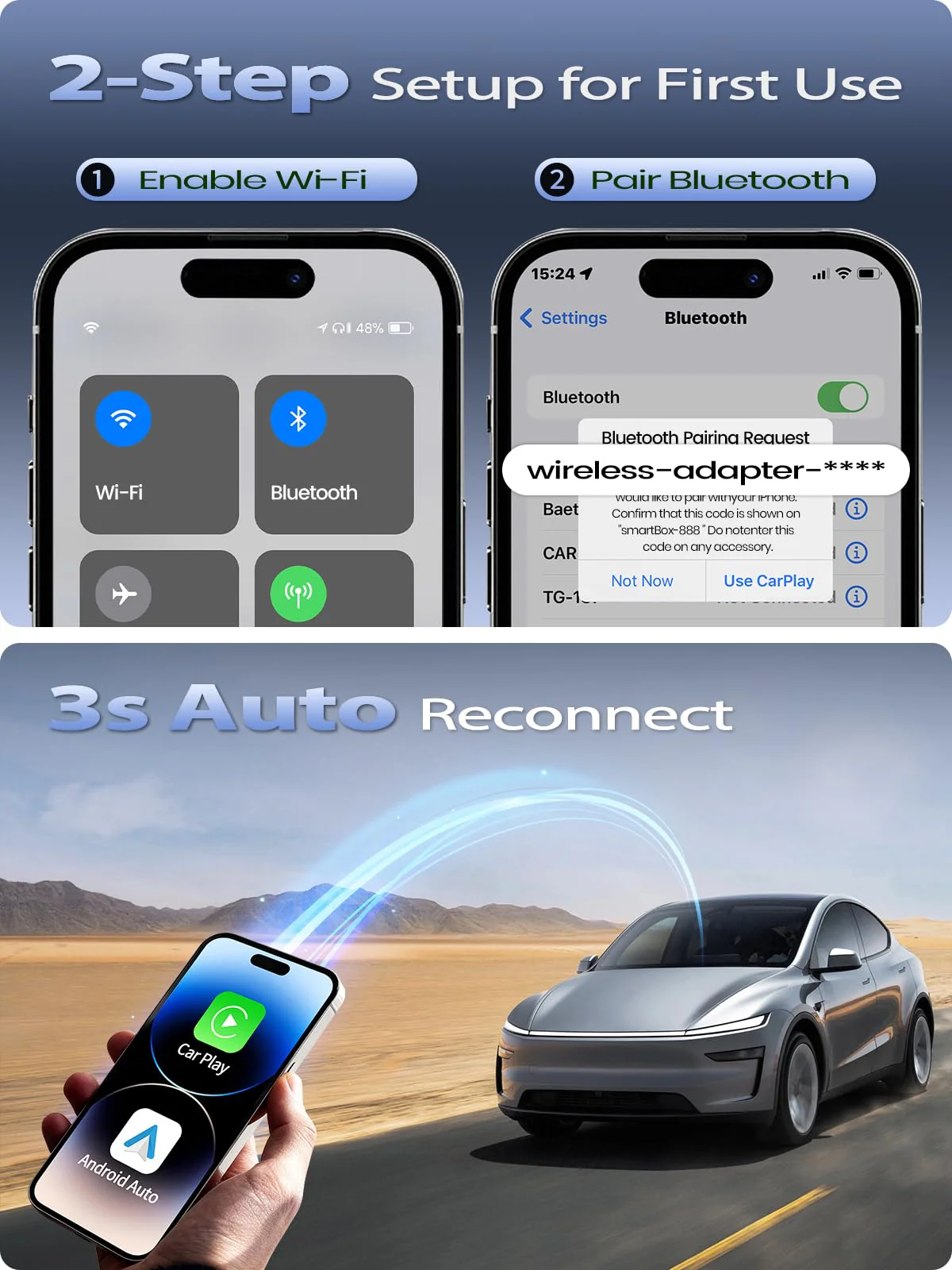 Mini Wireless CarPlay & Android Auto Adapter for iPhone & Android Phone (2026 Upgrade), No Lag, Fast Stable Connection, Converts Wired to Wireless CarPlay Dongle for 2016+ Cars, USB-A&C Port Blue - Image 5