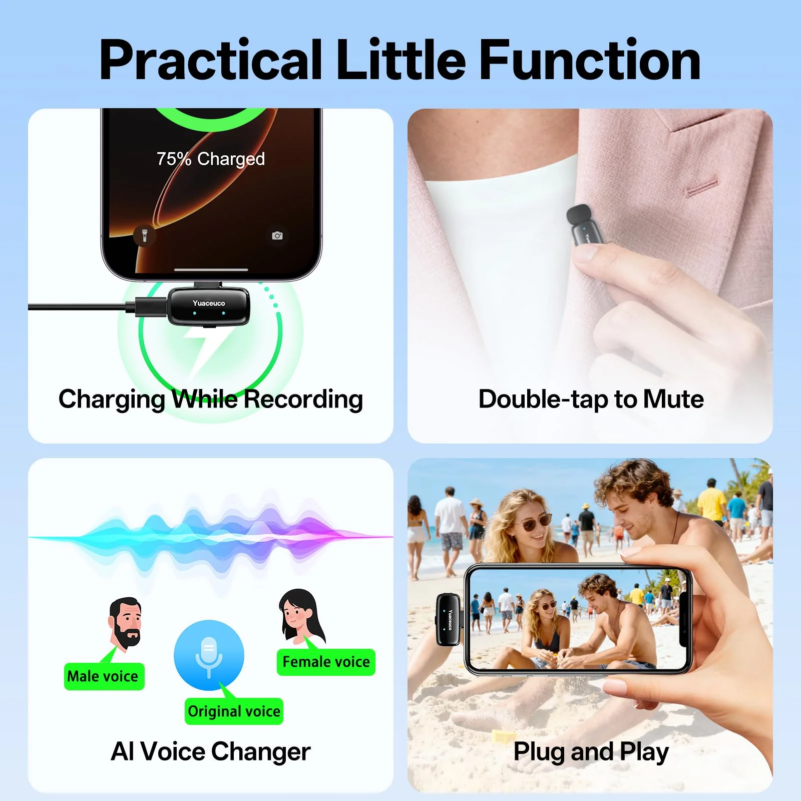 Mini Wireless Lavalier Microphone for iPhone ipad Android, Noise Reduction and Mute, 33h Charging Case, AI Voice Changer, 131FT Range, Mini Lapel Mic for Video Recording, Vlogging, YouTube Mic Mini (2TX+1 C RX+1 Lightning RX+Charging Case - Image 9