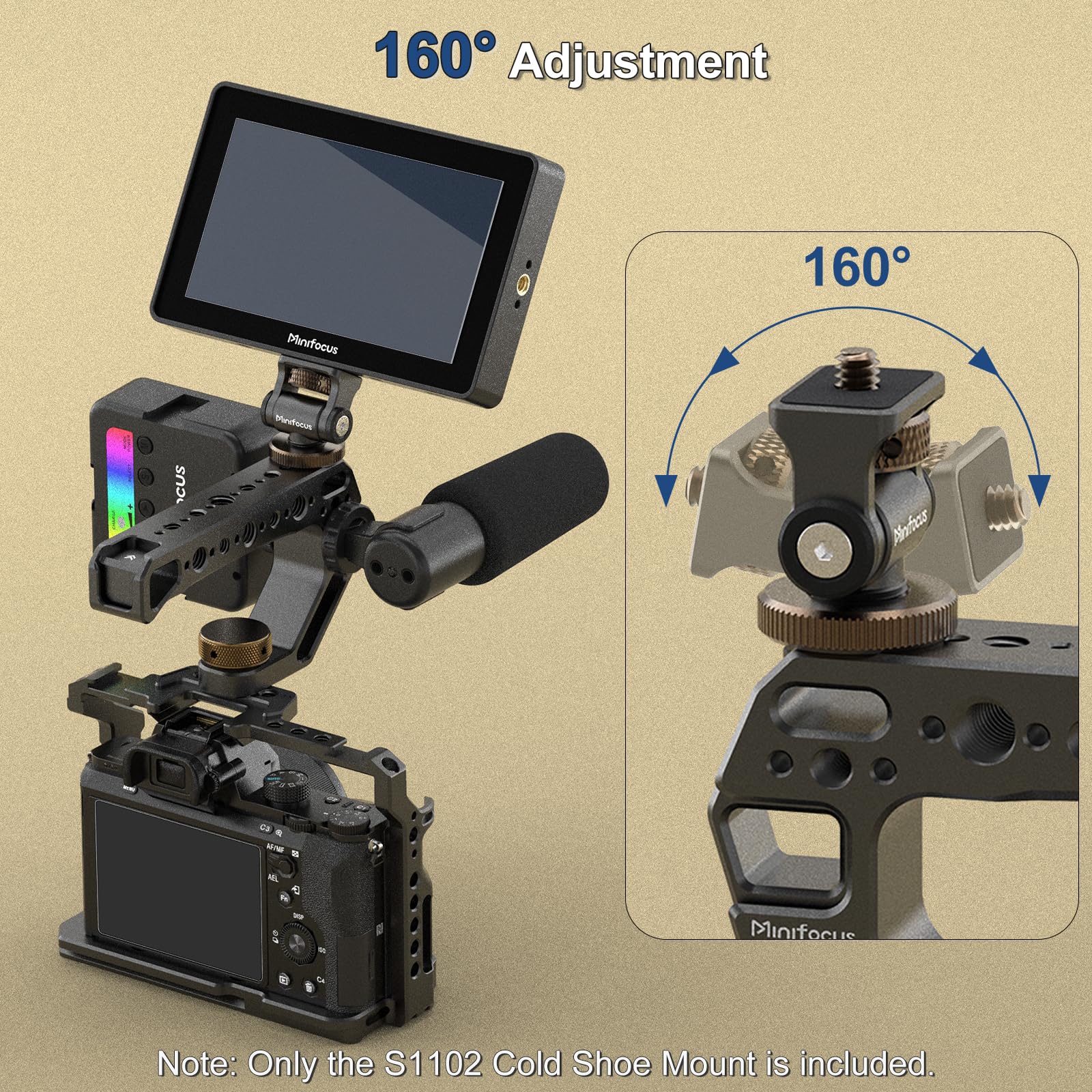 MINIFOCUS Camera Monitor Mount with Cold Shoe, 1/4" Screw for 5" & 7" Field Monitors, 160° Tilt Adjustable Holder for Field Monitor, LED, Flash and Video Shooting Photography Accessories S1102-G - Image 3