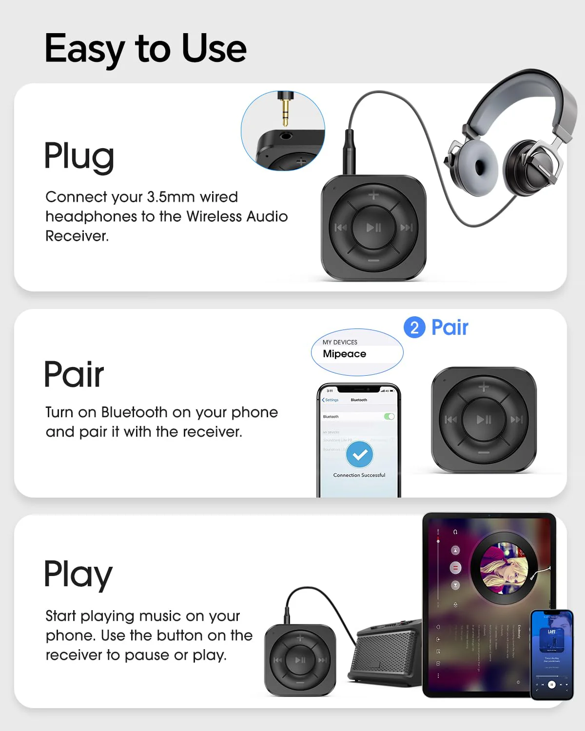 MIPEACE Bluetooth 5.3 Audio Receiver for Wired Headphones, Car & Speakers, Bluetooth Headphone Adapter with Built-in Mic, Clip-On & Pass-Through Charging-BK Black - Image 6