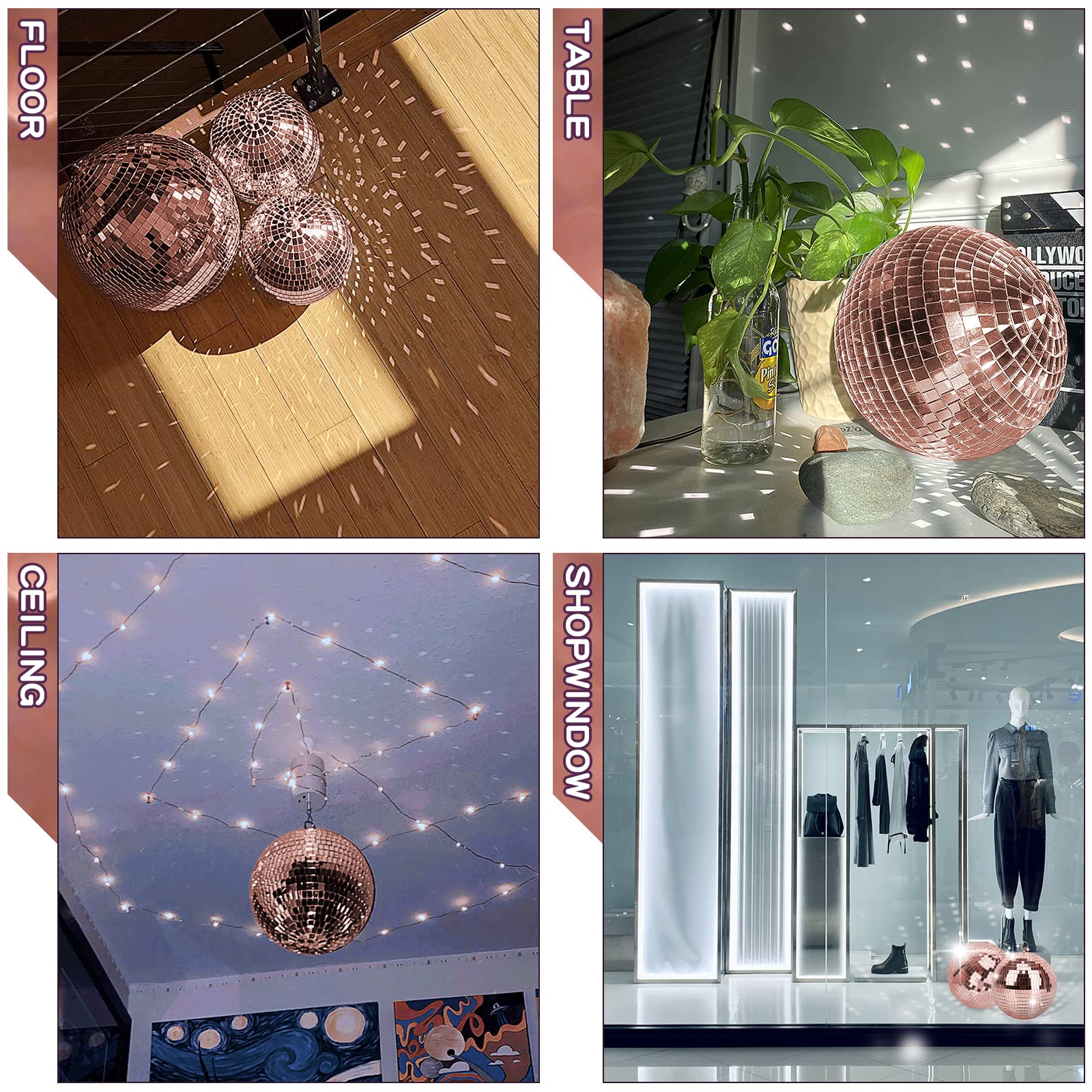 Mirror Ball for Disco DJ Club Party Wedding Home Decor, Muscab 8 Inch Disco Ball with Hanging Ring, Rose Gold - Image 4