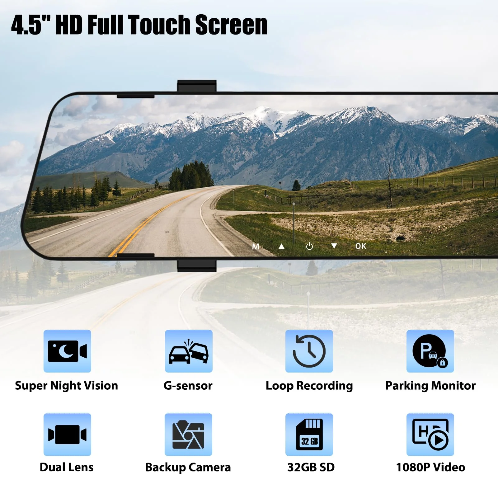 Mirror Dash Cam for Cars,4.5" Rear View Mirror 1080P Front and Rear View Dual Cameras,Super Night Vision,Parking Assistance,G-Sensor,24H Parking Monitor, Waterproof Backup Camera Free 32GB Card 4.5 Inch+32GB SD Card - Image 2
