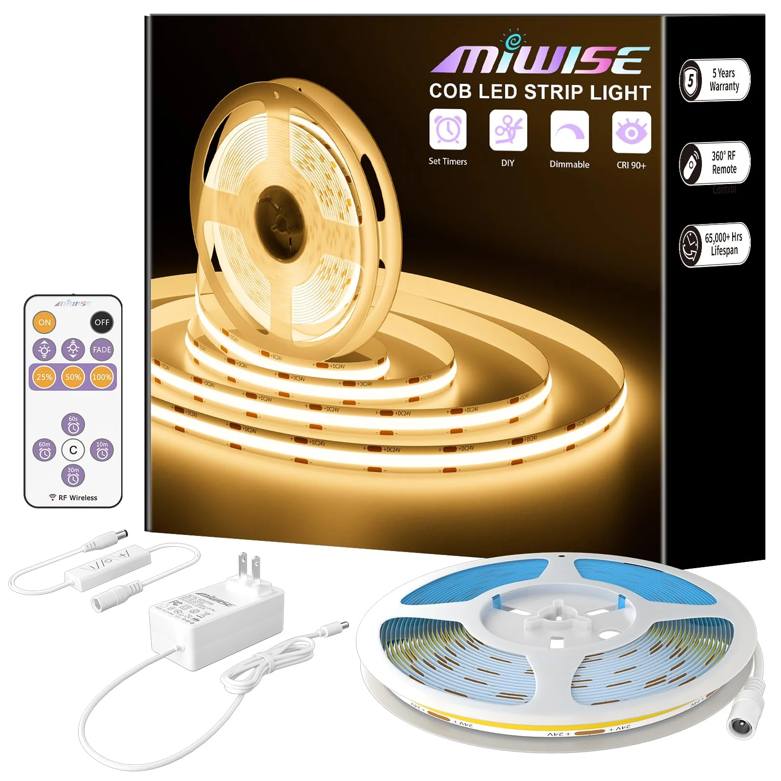 MIWISE COB LED Strip,LED Strip Light 2700K Warm White 20ft Dimmable Super Bright 24V,High Density Flexible Tape Light with RF Remote Timer Function,for Shelf/Cabinet/Bedroom/TV DIY Lighting Project 6.1m