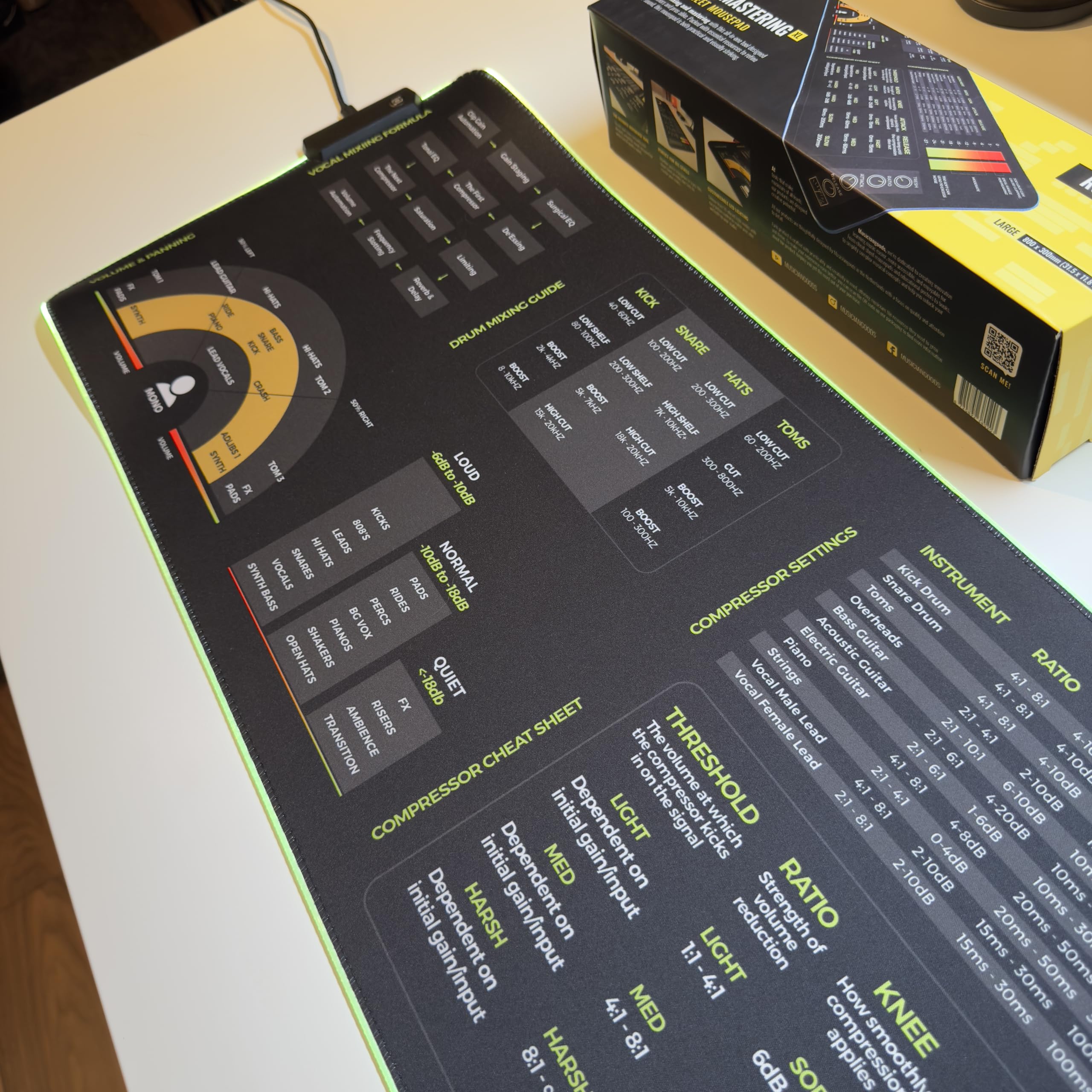 Mixing & Mastering Cheat Sheet Mousepad β 35Γ25cm (13.8"x9.8") & 80Γ30cm (31.5"x11.8") β Studio Desk Mat for Music Producers, DJs & Engineers β LED Version Available XXL with LED (800x300mm) - Image 8
